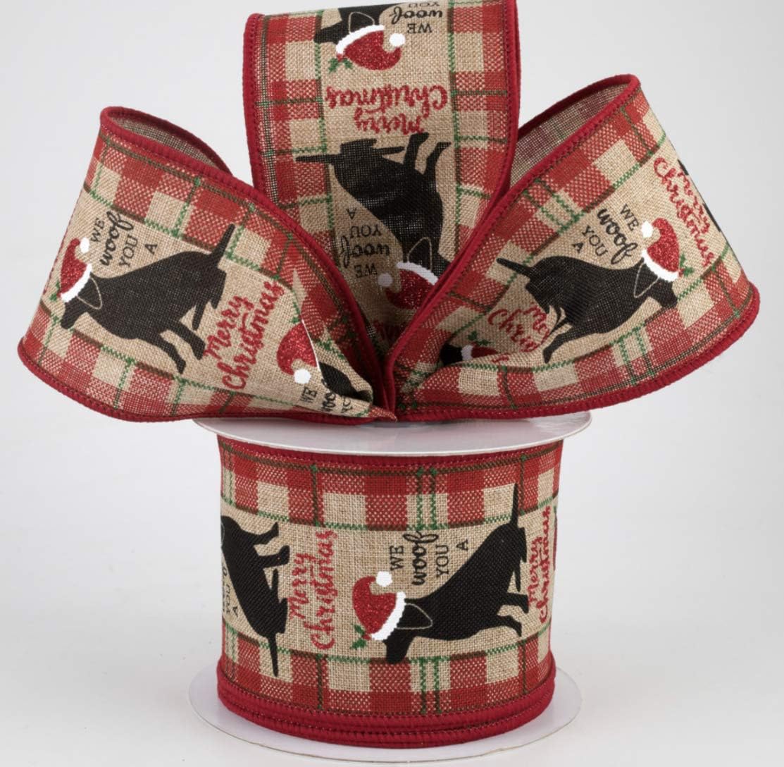Woof Merry Christmas Dog Wired Edge Ribbon - 10 Yards (Light Beige, 2.5 Inch)