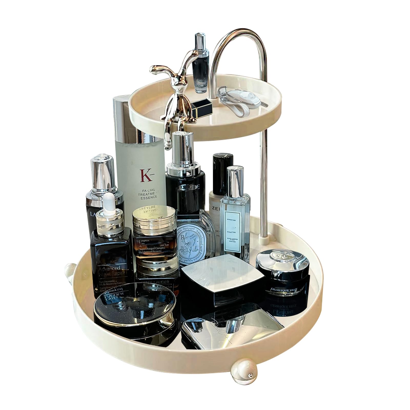 PolMinrs Makeup Organiser, 2-in-1 Double-layer Cosmetic Storage Organizer for Dresser Bathroom, Bedroom & Living Room(milky white)
