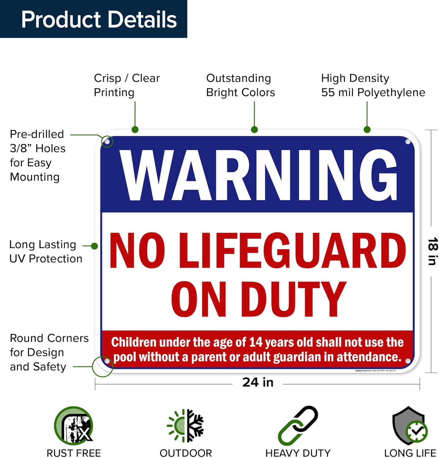 Warning No Lifeguard On Duty Sign, Pool Sign, 18x24 Inches, 55 mil thick HDPE (high density polyethylene), Made in USA by My Sign Center