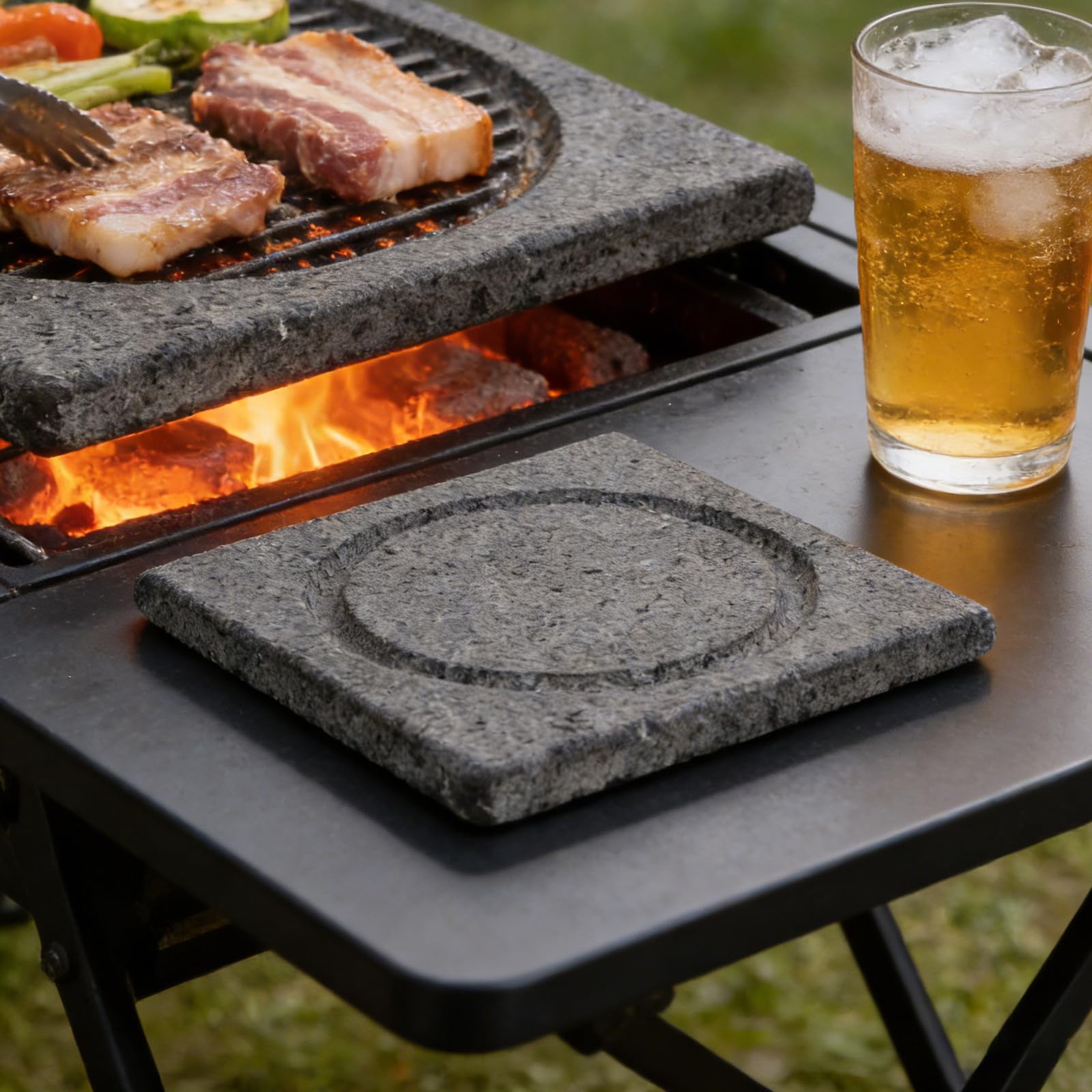 Piastra Grill in Pietra Vulcanica Coreana per Barbecue Esterno | Struttura in Roccia Lavica, Distribuzione Uniforme del Calore, Facile Pulizia, Gusto Naturale