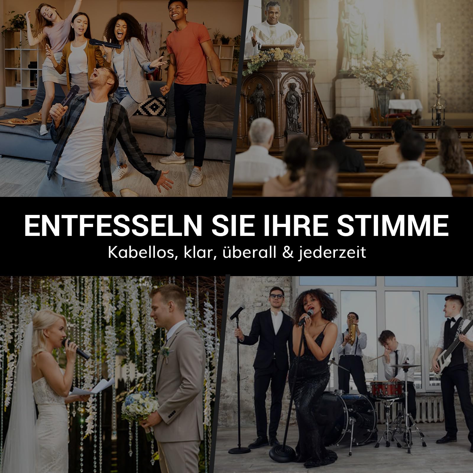 TONOR Mikrofon Kabellos Wiederaufladbares, UHF Funkmikrofon Set, 2x100 einstellbare Funk Metall Wireless Microphone mit Lichtring, Auto Scan, 100 m Reichweite für Gesang Karaoke Kirche Party, TW750