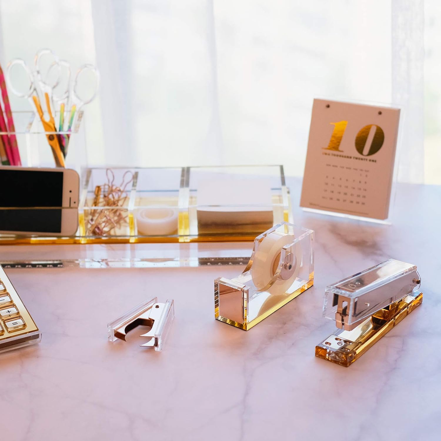 EXPUTRAN Acrylic & Gold Office Supplies Set, Acrylic Stapler, Tape Dispenser, Staple Remover, Desk Accessory for The Office or Home