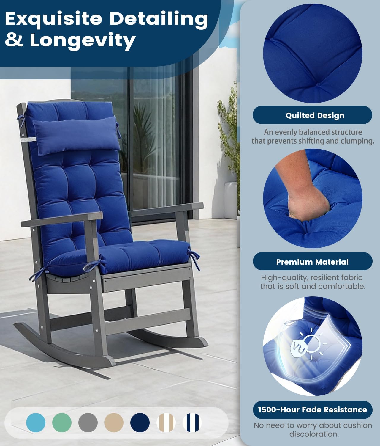 FOOWIN Rocking Chair Cushion Set of 2, Thickened Outdoor Chair Cushion,30×19.6×5.14 Inches, Rocking Chair Cushions Outdoor with Headrest and Ties, UV-Protected for Indoor Outdoor,Navy Blue