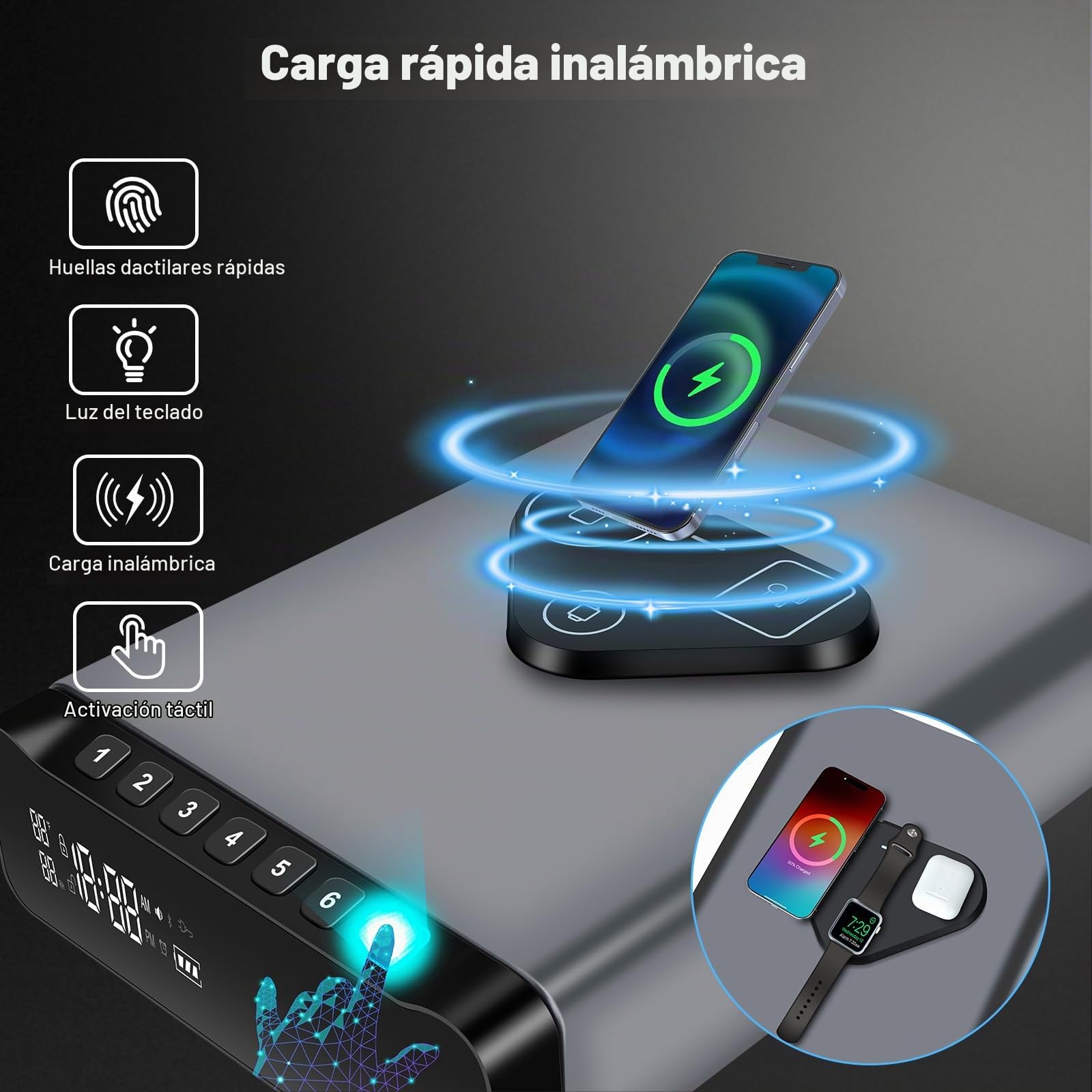 FTOP Caja fuerte biométrica para pistola de huellas dactilares, reloj con carga inalámbrica 3 en 1 para reloj y teléfono, cerradura de cajón para pistolas de mano, dinero en efectivo, objetos de valor