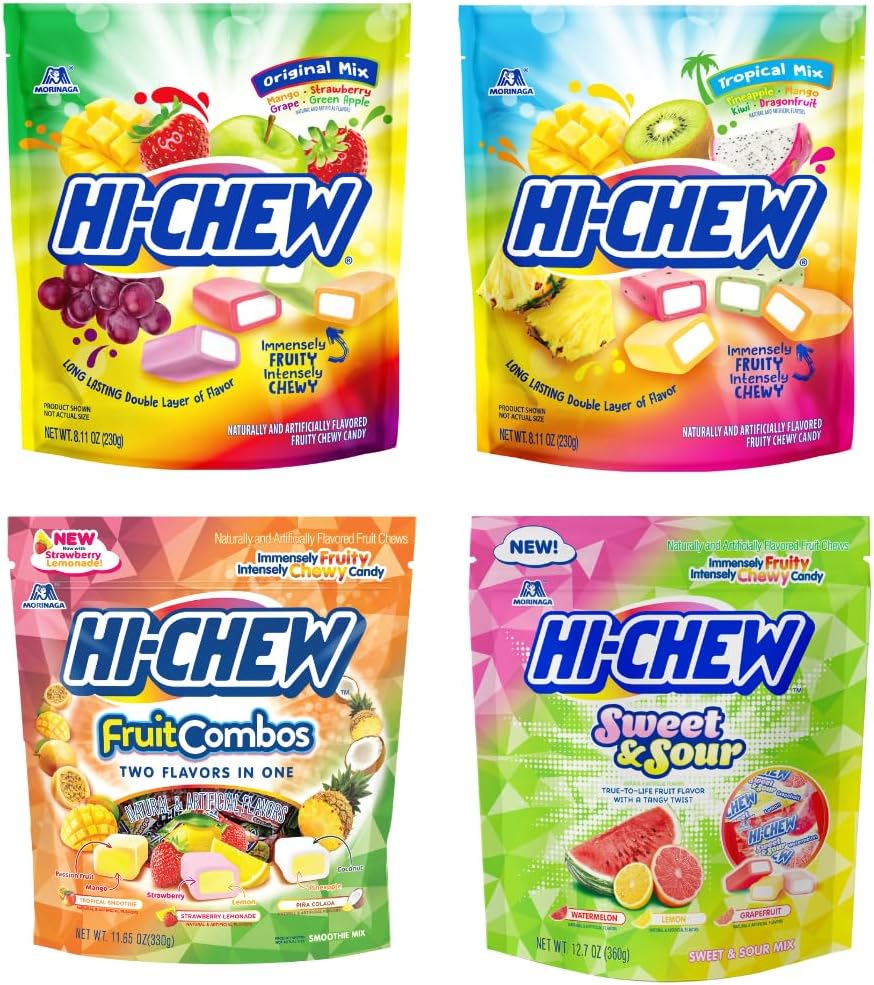 Variety Mix Bulk, 220+ Pieces, 4 Stand Up Pouches - Tropical Fruit Combos Sweet and Sour, Chewy Fun Soft Candy Variety Pack - Immensely Juicy Fruity Flavors - Individually Wrapped for Sharing