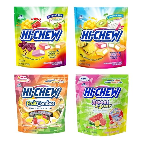 HI-CHEW Mezcla variada a granel, más de 220 piezas, 4 bolsas de pie, combinaciones de frutas tropicales dulces y ácidos, dulces suaves y divertidos,