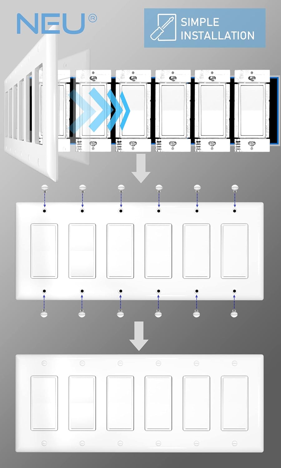 [5 Pack] NEU 6-Gang Mid-Size Decorator Light Switch Outlet Cover Wall Plates, 12" x 4.75", Unbreakable Polycarbonate Thermoplastic, Glossy White