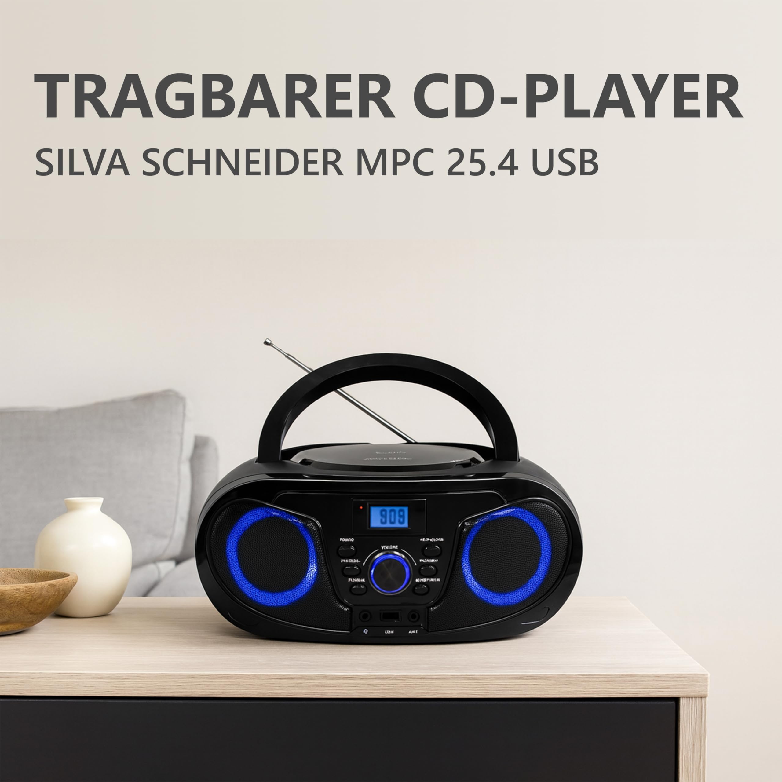 Silva Schneider MPC 25.4 USB – Tragbarer CD-Player mit UKW-Radio, USB für MP3, AUX & Kopfhöreranschluss, LCD-Display, 40 W p.m.p.o., Netz-/Batteriebetrieb – Schwarz
