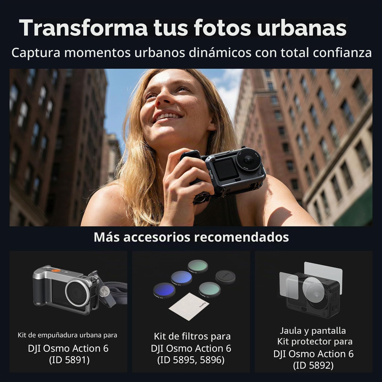 SMALLRIG Kit de mango para DJI Osmo Action 6 con jaula de metal, mango de fotografía callejera para DJI, jaula Action 6 con disparador, zapata fría, muñequera, cubierta de lente, orificio roscado 1/4
