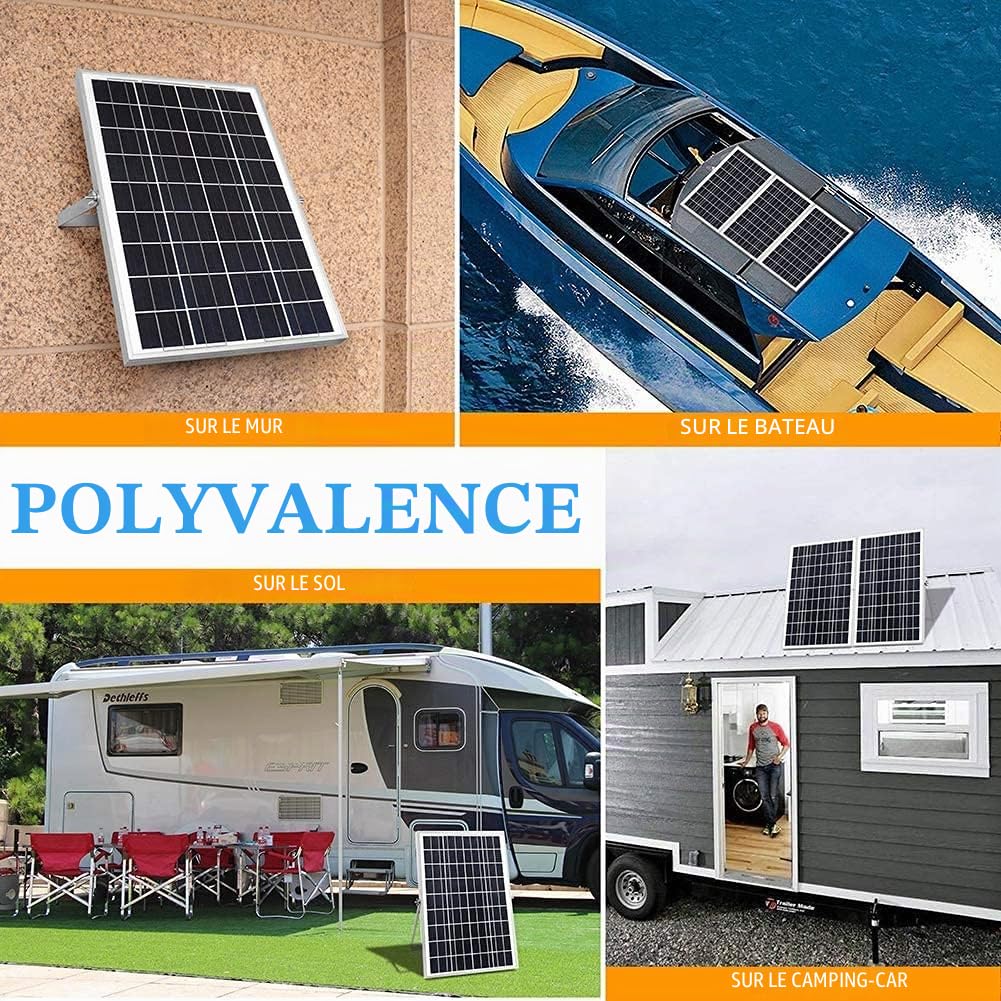 Kit de panneau solaire 30 W / 12 V - Chargeur de batterie solaire étanche avec contrôleur de charge et supports de montage réglables pour camping-car, voiture, bateau, camping, toit