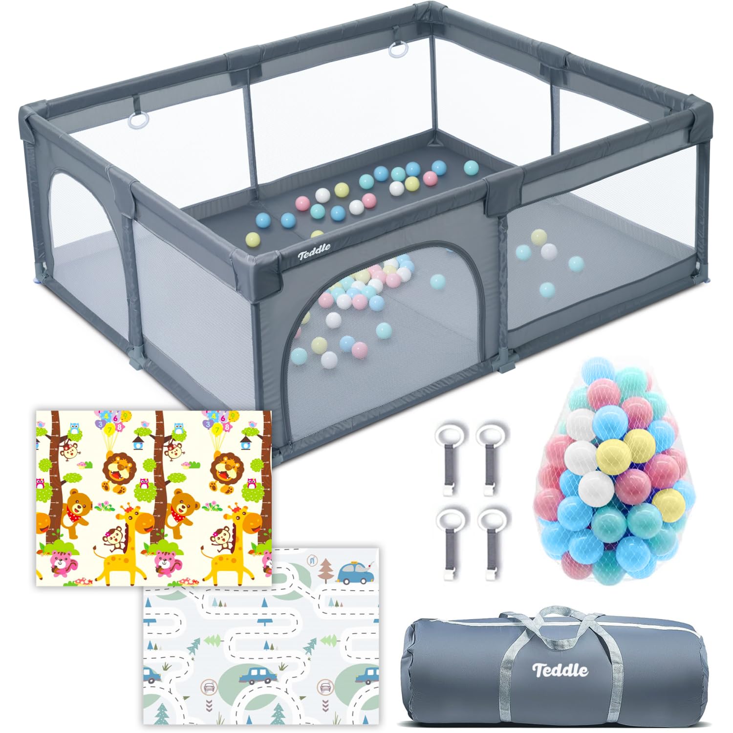 Box Bambini – Incluso Tappeto da Gioco Double-Face - Recinto per Bambini con 50 Palline – 180 x 150 cm – Box Neonato Per Uso Interno ed Esterno – Box per Bambini (Grigio, 180x150cm)