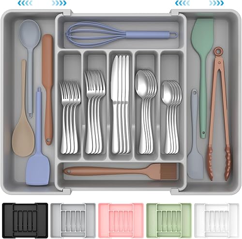 Miniatura 9 de Organizador de cubiertos expandible extragrande, sin BPA, apto para alimentos, organizador de cajones de utensilios de cocina, soporte ajustable