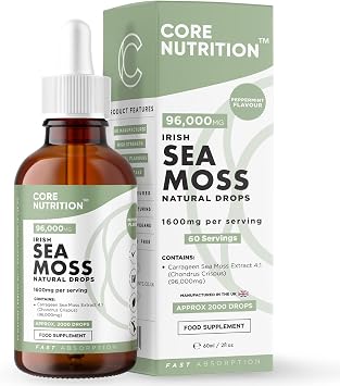 Irish Sea Moss Supplement Liquid Drops - High Strength of 96,000mg per 60ml Bottle at 4X Concentration - Vegan - 2 Month Supply of Premium Sea Moss Extract - Made in UK by Core Nutrition Single Pack