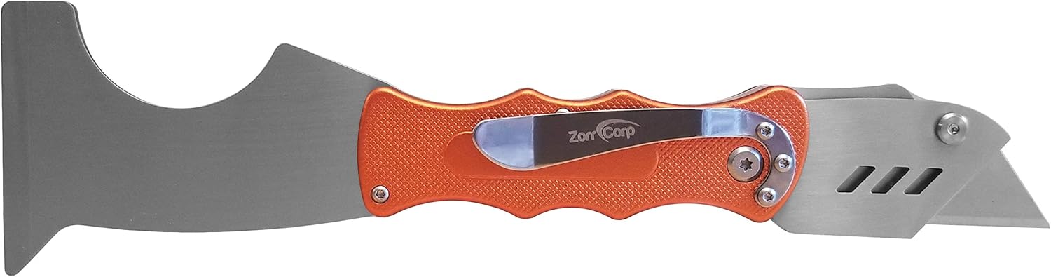 Zorr 2-Edge Knife — Foldable Utility & Putty Knife Combo, Aluminum Handle with Safety Lock, Belt Clip & Interchangeable Blade, Painter’s All-in-One Tool, orange 5 and 1
