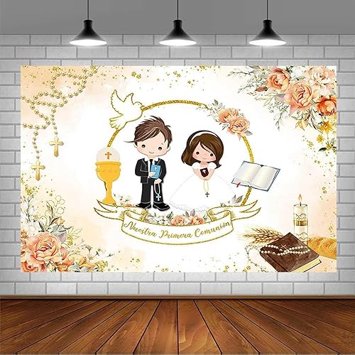 Miniatura 10 de AIBIIN Telón de fondo de comunión Mi Primera de 7 x 5 pies para gemelos Nuestra Primera Comunión God Bless Bautismo, decoración de fiesta, ceremonia