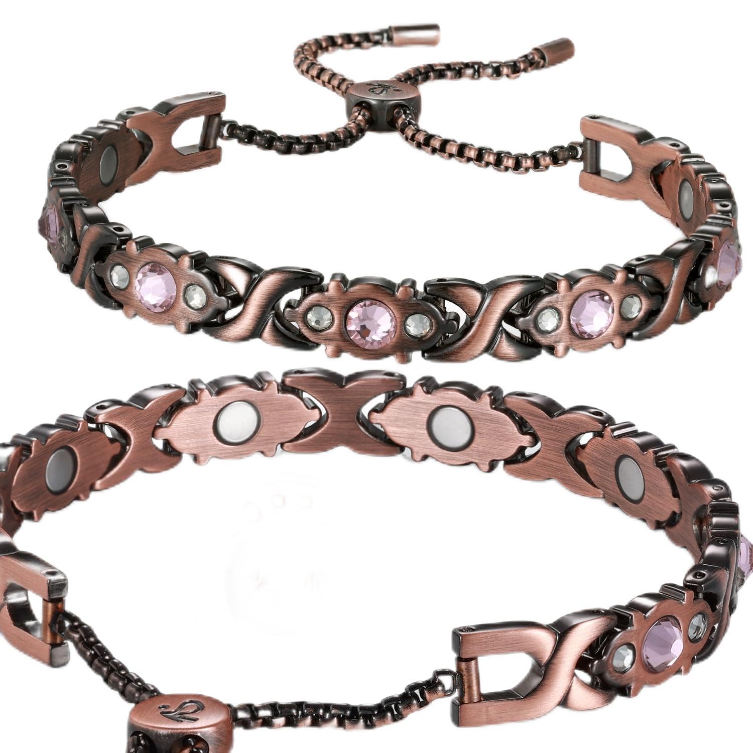 RainSo Pulsera magnética de cobre para mujer, joyería ajustable de cristal rosa con acabado antiguo, caja de regalo hipoalergénica, 13.21 centimeters, Cobre