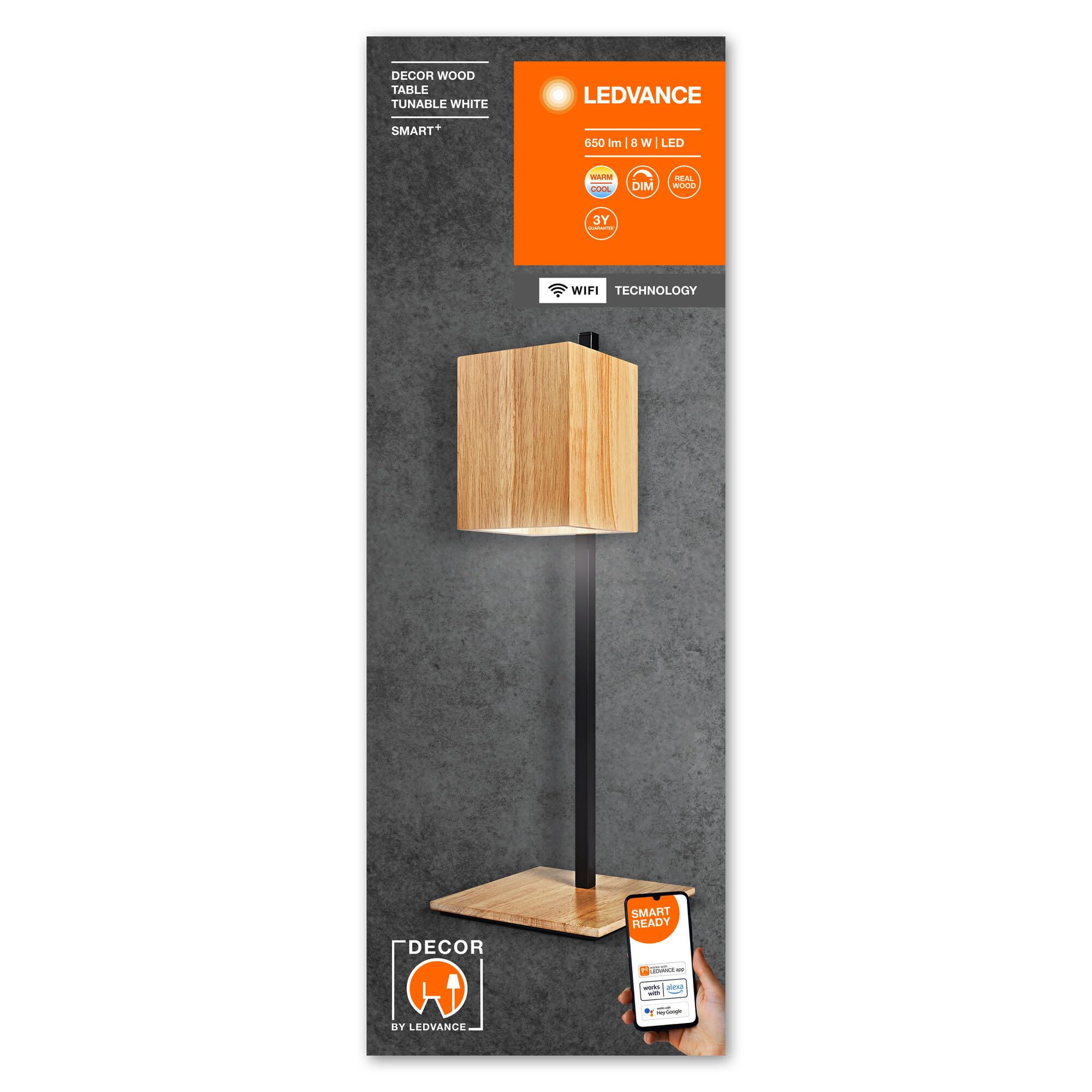 LEDVANCE SMART+ WiFi-Tischleuchte DECOR Wood, 8W, 650lm, regulierbares Weißlicht (3000K bis 6500K), dimmbar, FSC-zertifiziertes Holz, steuerbar per App, kompatibel mit Amazon, Google und Co.