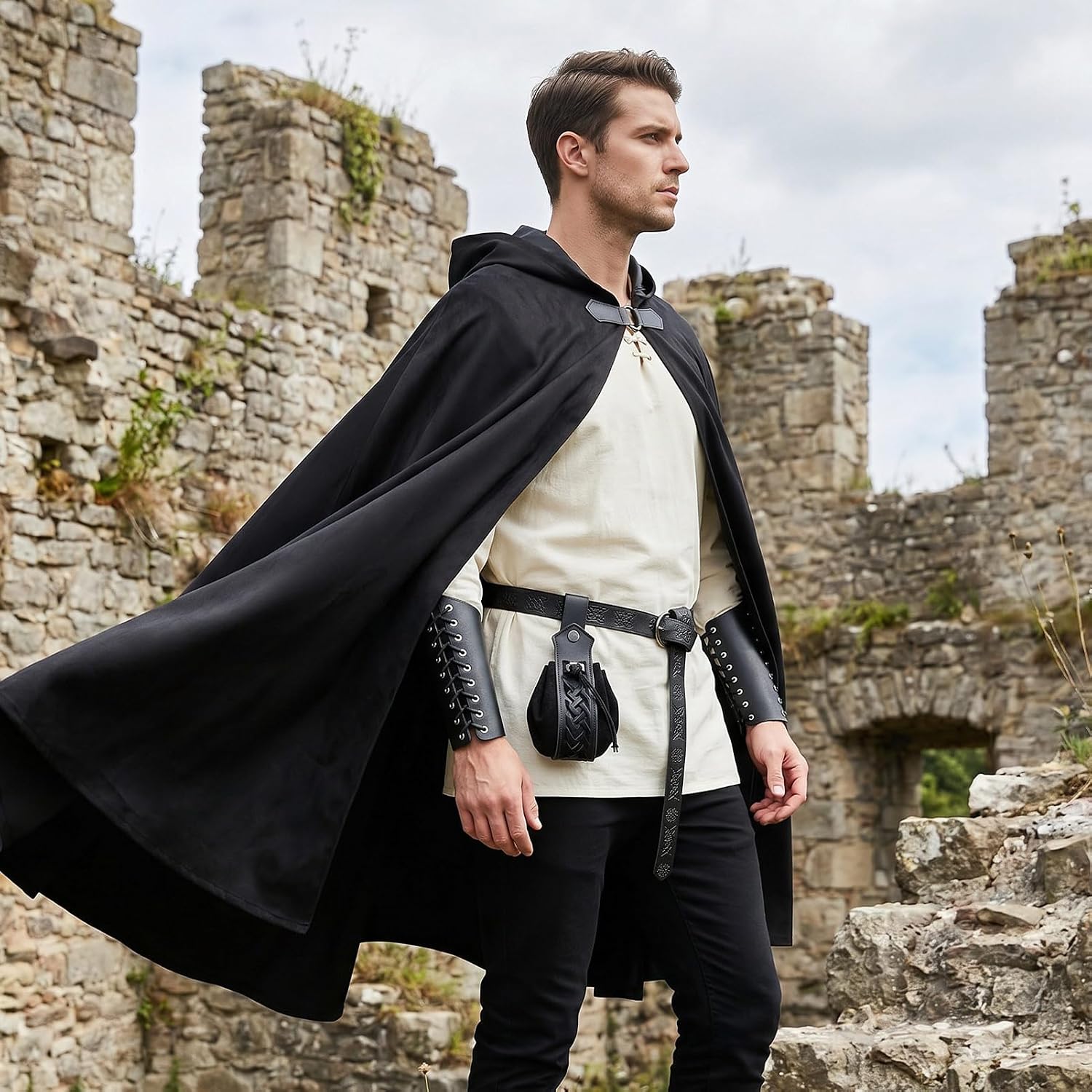 6Pcs Renaissance Hooded Medieval Costume Cloak Cape with Belt Pouch Bracers Accessories for Men Women
