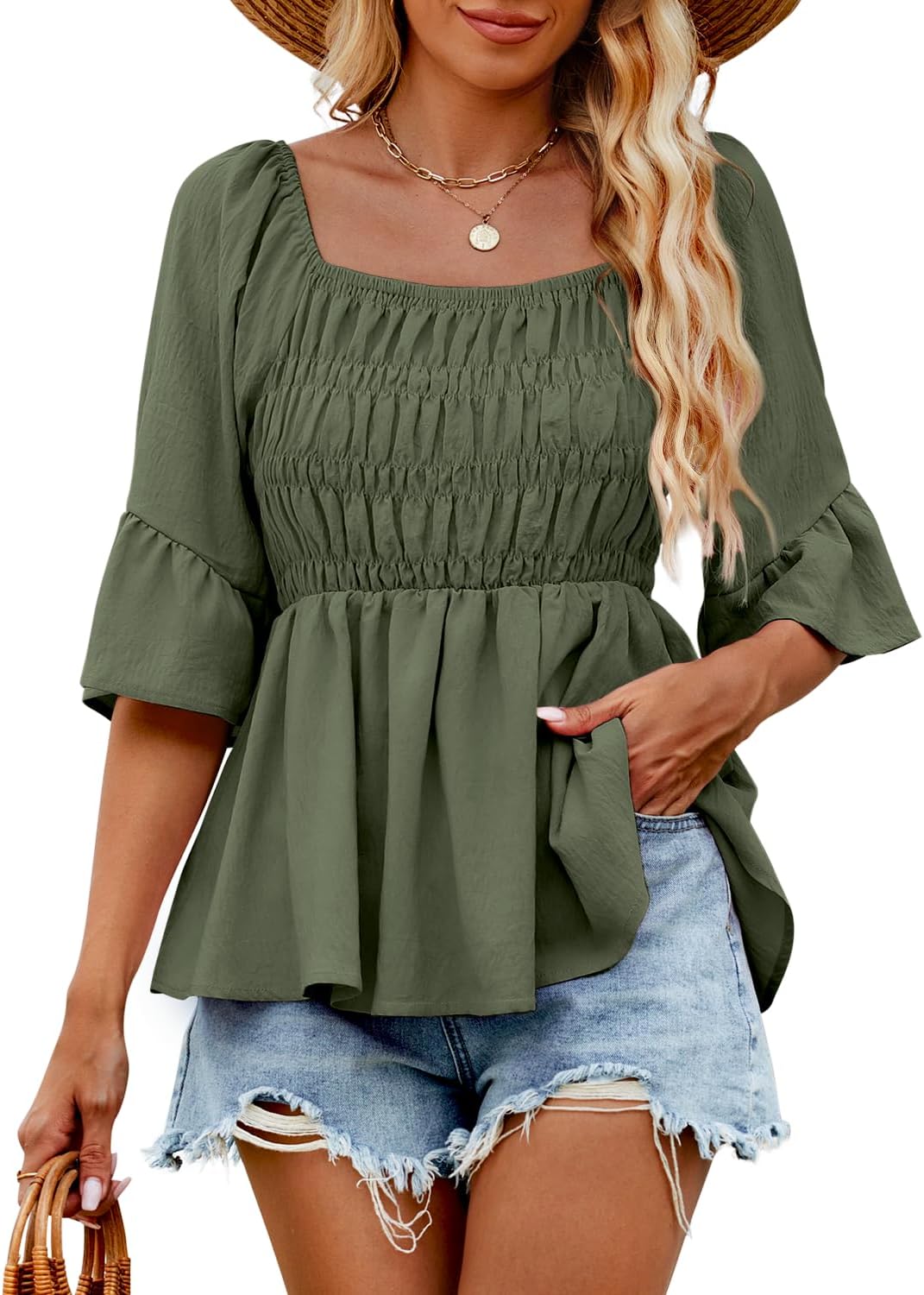 HEYTALALA Womens 3/4 Sleeve Tops Dressy Casual Square Neck Summer Peplum Blouses Ruffle Sleeve Babydoll Shirts 2025 Trendy - Image 2
