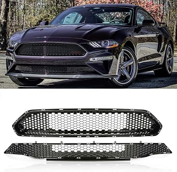 Bumper Grille Compatible with 2018-2022 F0RD Mustang Front Upper Grille + Lower Mesh Grill Honeycomb Black