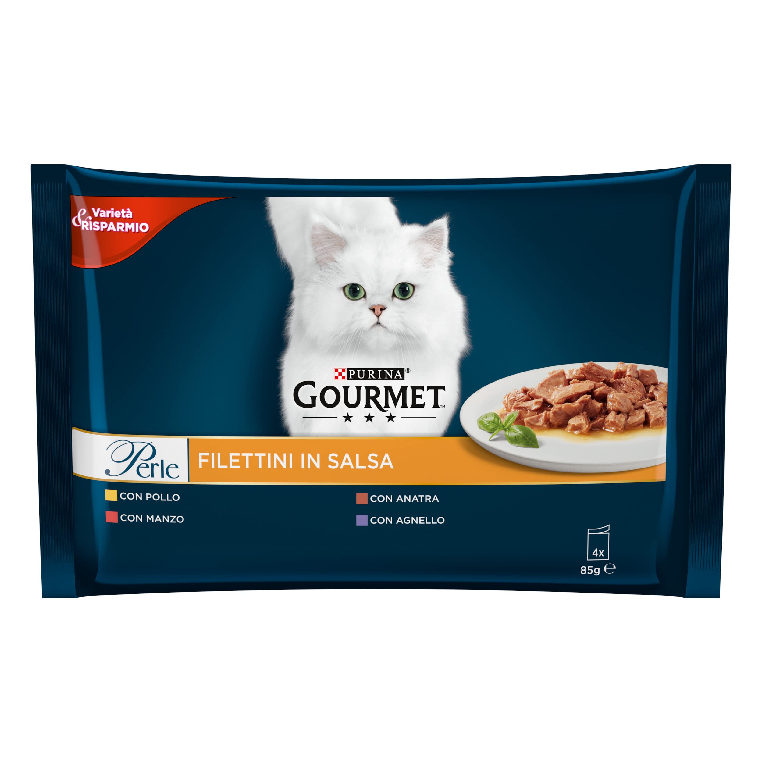 GOURMET Perle Cibo Umido per Gatti Adulti Filettini in Salsa con Agnello, Anatra, Manzo, Pollo 48 Buste da 85g