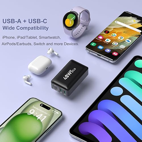 Miniatura 7 de OKRAY - Cargador de pared plano USB C, 40 W, 4 puertos, QC+PD3.0, bloque de carga rápida USB-C delgado con enchufe plegable, adaptador de corriente