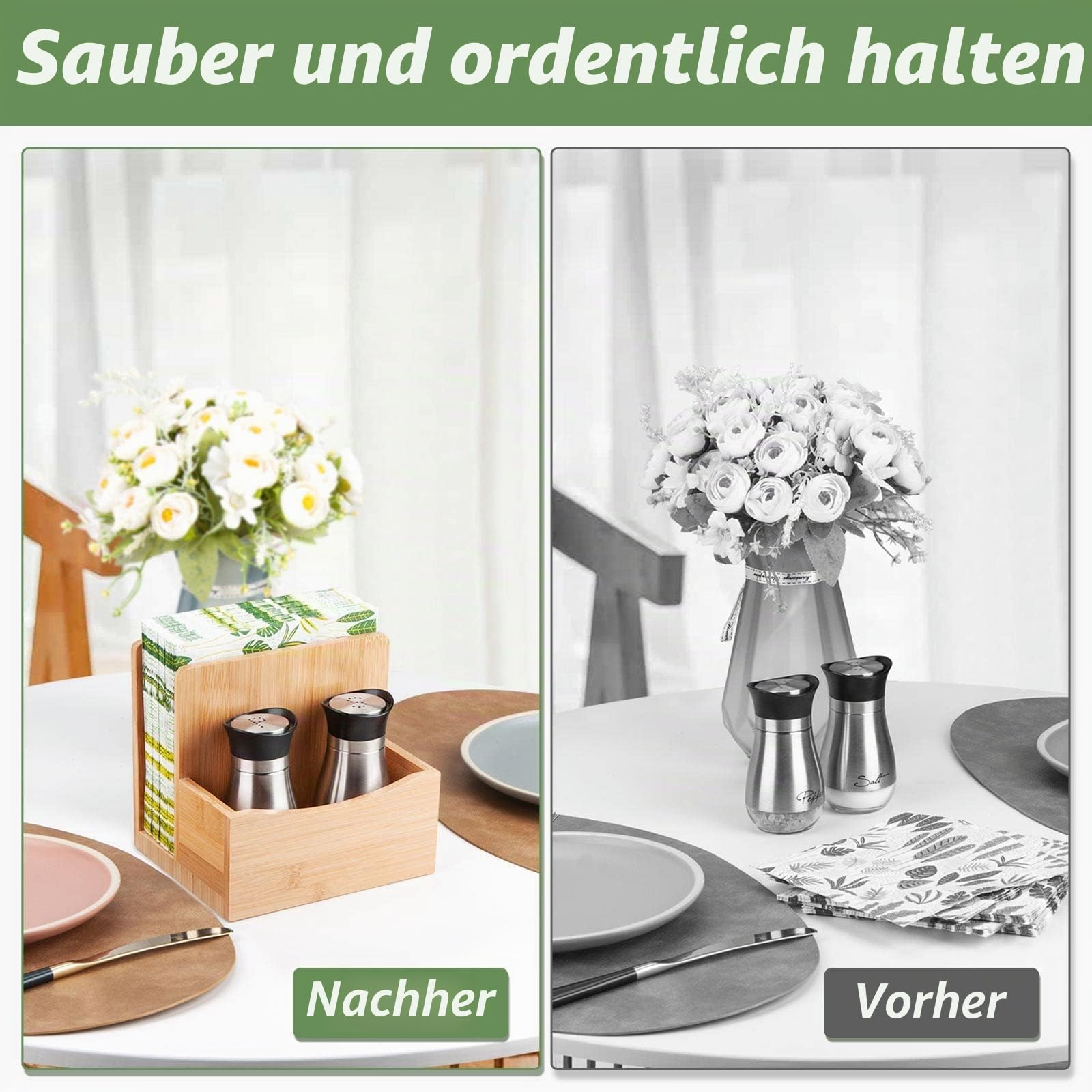Serviettenhalter aus Holz mit Caddy für Salzstreuer und Pfefferstreuer,Bambus Serviettenhalter stehend für KüChe Tisch Aufrechter Serviettenständer für Outdoor Cocktail Restaurant