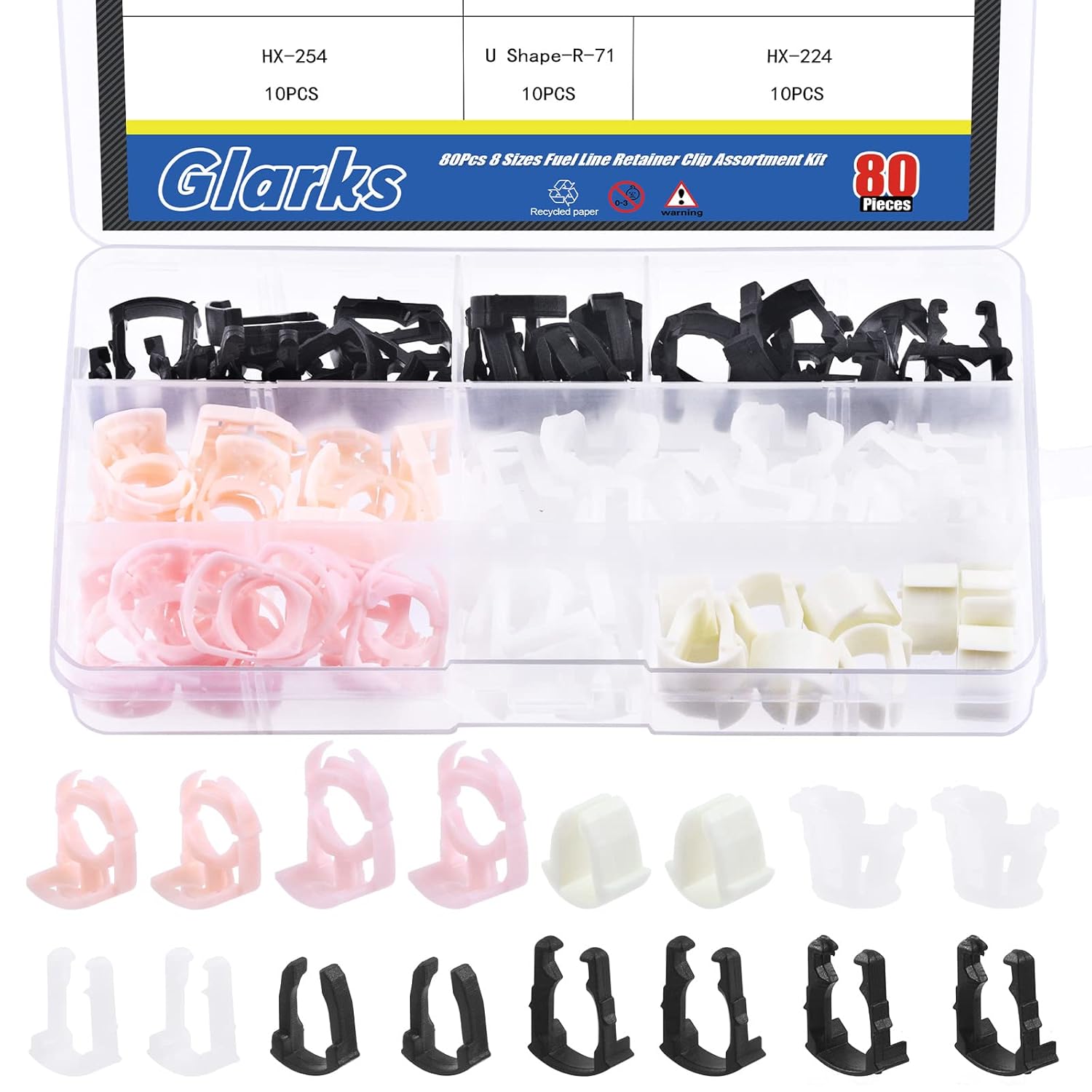 Glarks 80Pcs 3/8" 5/16" 8 Sizes Fuel Line Retainer Clips Assortment Kit