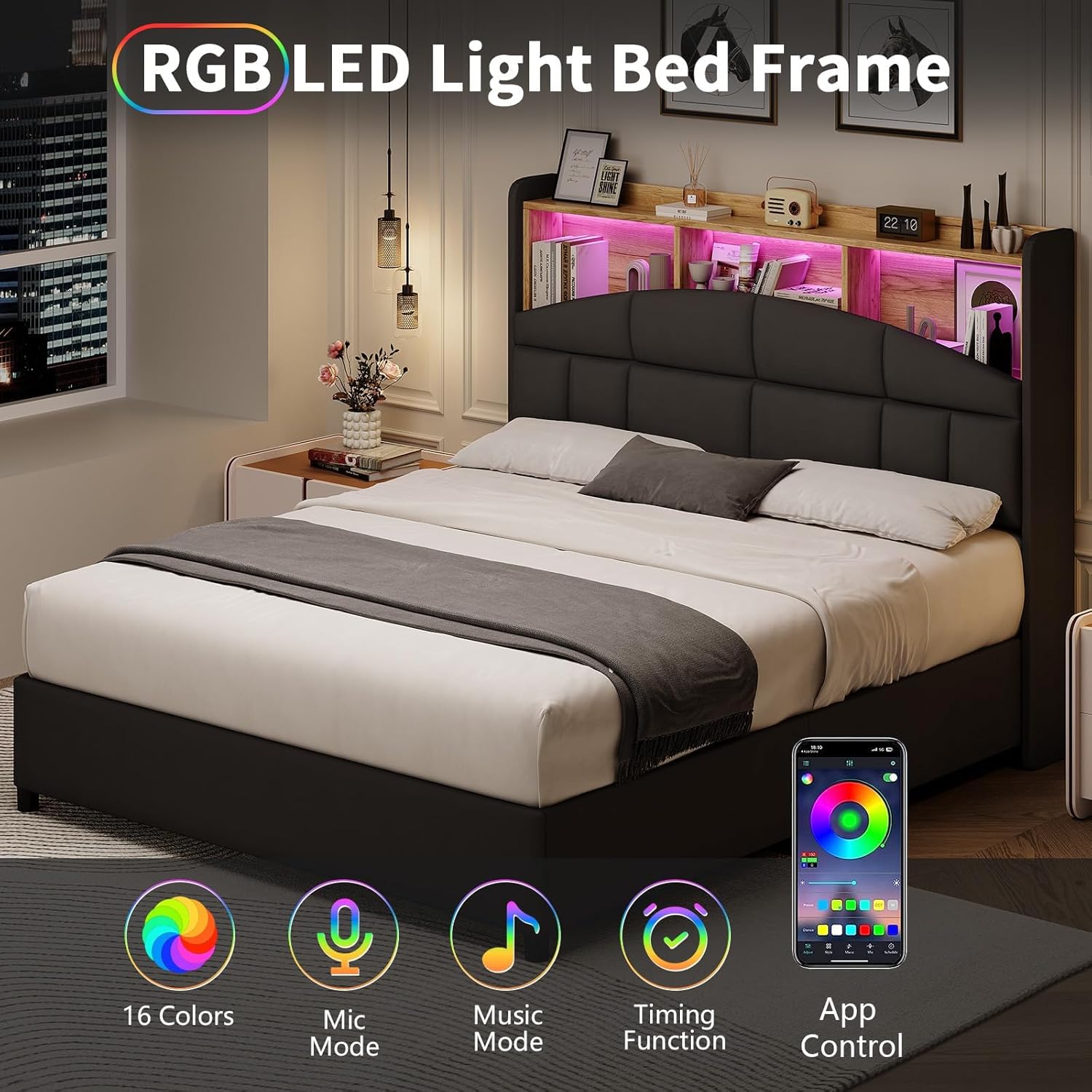 Full Bed Frame with Headboard and LED Lights, Velvet Upholstered Bed Frame with Wooden Slats Support, No Box Spring Needed, No Noise, Black