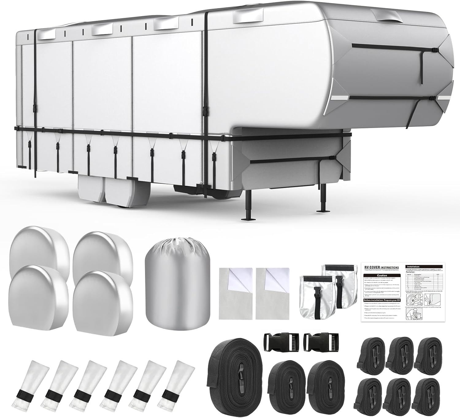 (Similar to stock photo) (26’-29’.) 5th Wheel RV Cover, 29'-33' Camper Cover, 420D Oxford Cloth UV Protected Travel Trailer Cover, Wind and Water Resistant with Extra Harness, Tire Cover and Gutter Cover 5th Wheel RV Cover (Silver) Fits 29-33 ft