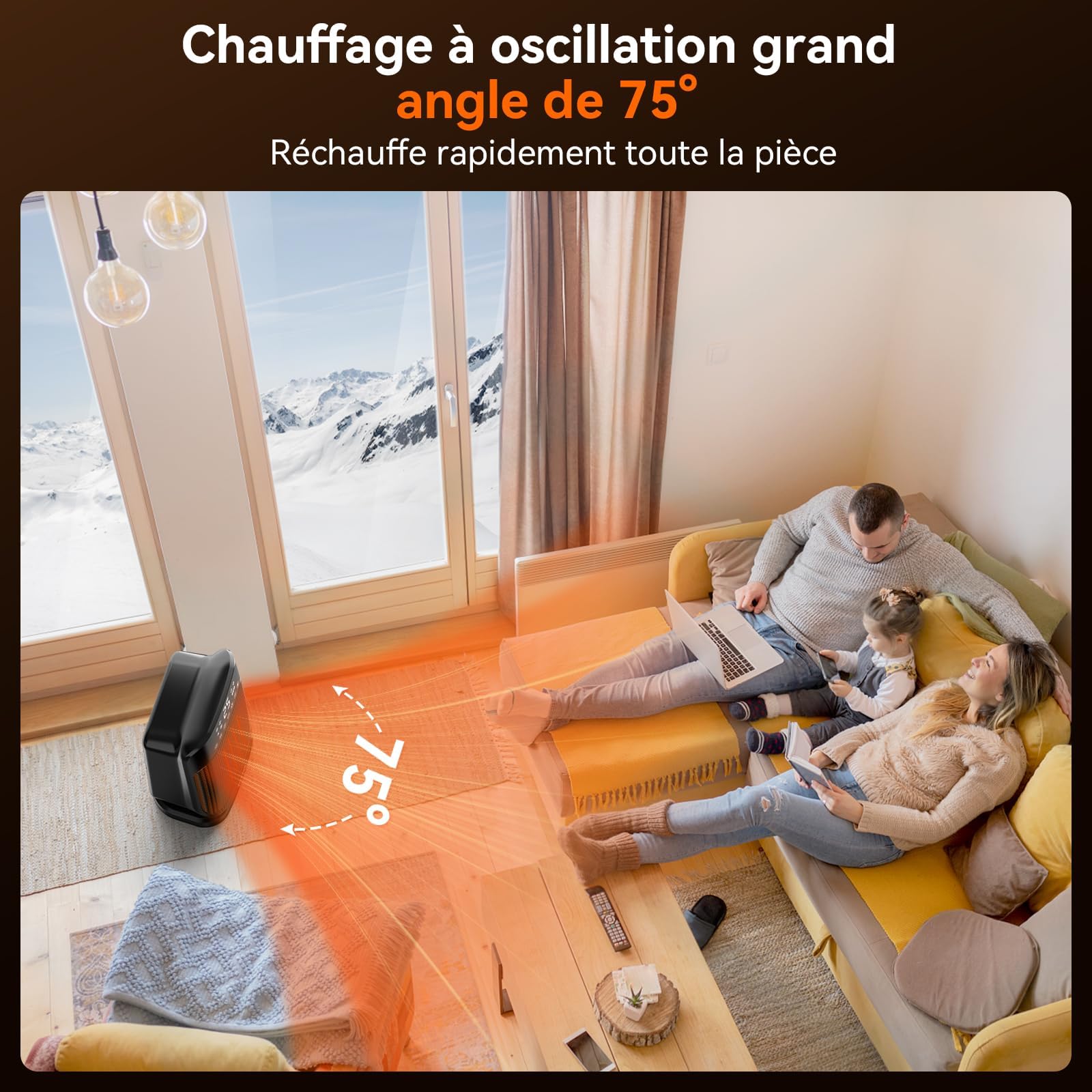 YASHE Chauffage d'appoint 1800W, Radiateur électrique en céramique PTC avec thermostat, minuterie 24h, télécommande, oscillant 75°, protection anti-surchauffe et anti-basculement, mode ECO