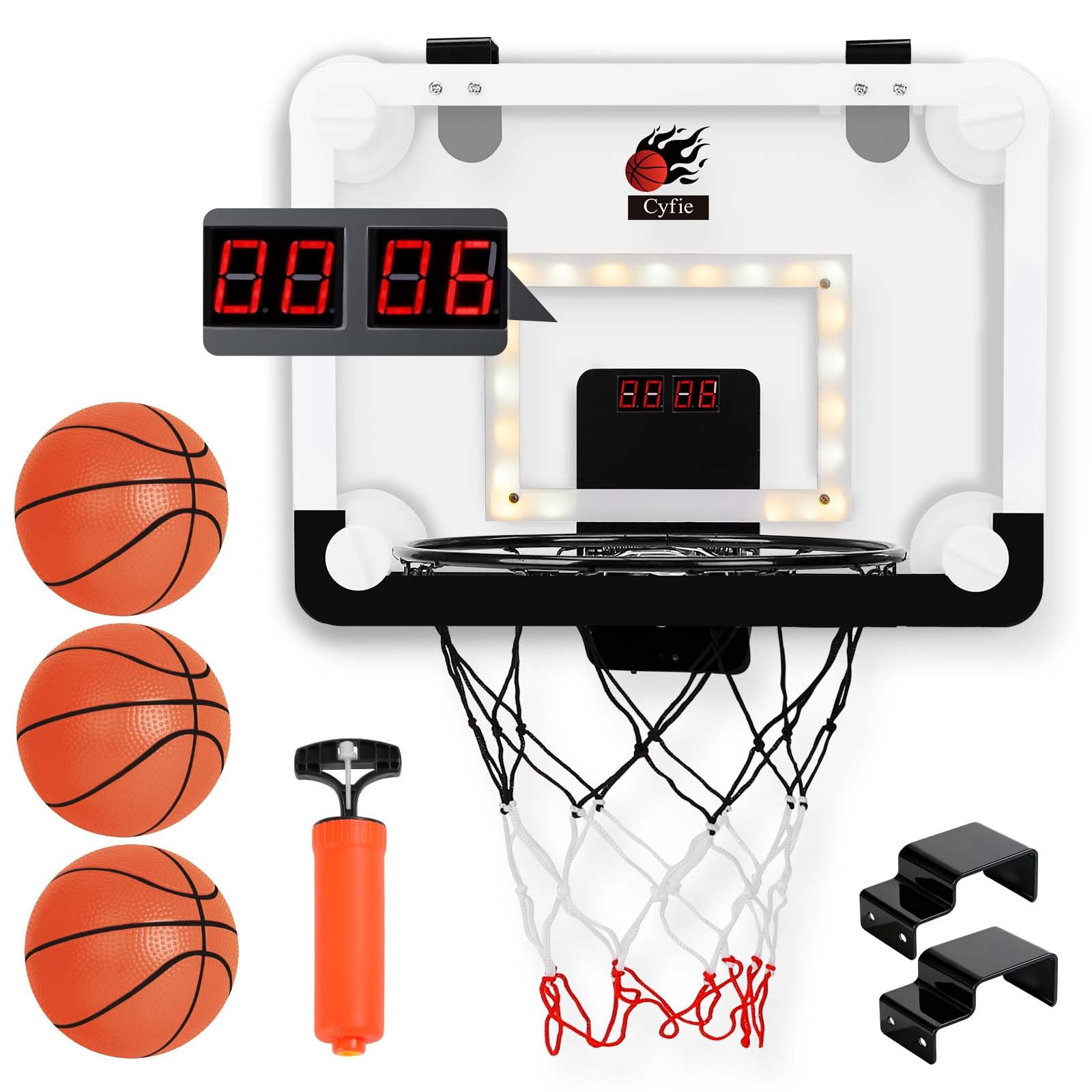 CYFIE LED Basketball Hoop, Suction Cup/Over The Door Basketball Hoop with Sturdy Backboard/Electronic Scoreboard, Sound, 3 Balls, Mini Indoor