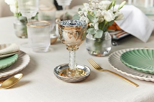 Miniatura 7 de MASORET Taza Kiddush de Cristal de 16.2 cm Dorada con Inscripción "Bore Pri Hagefen" Incluyendo una Bandeja