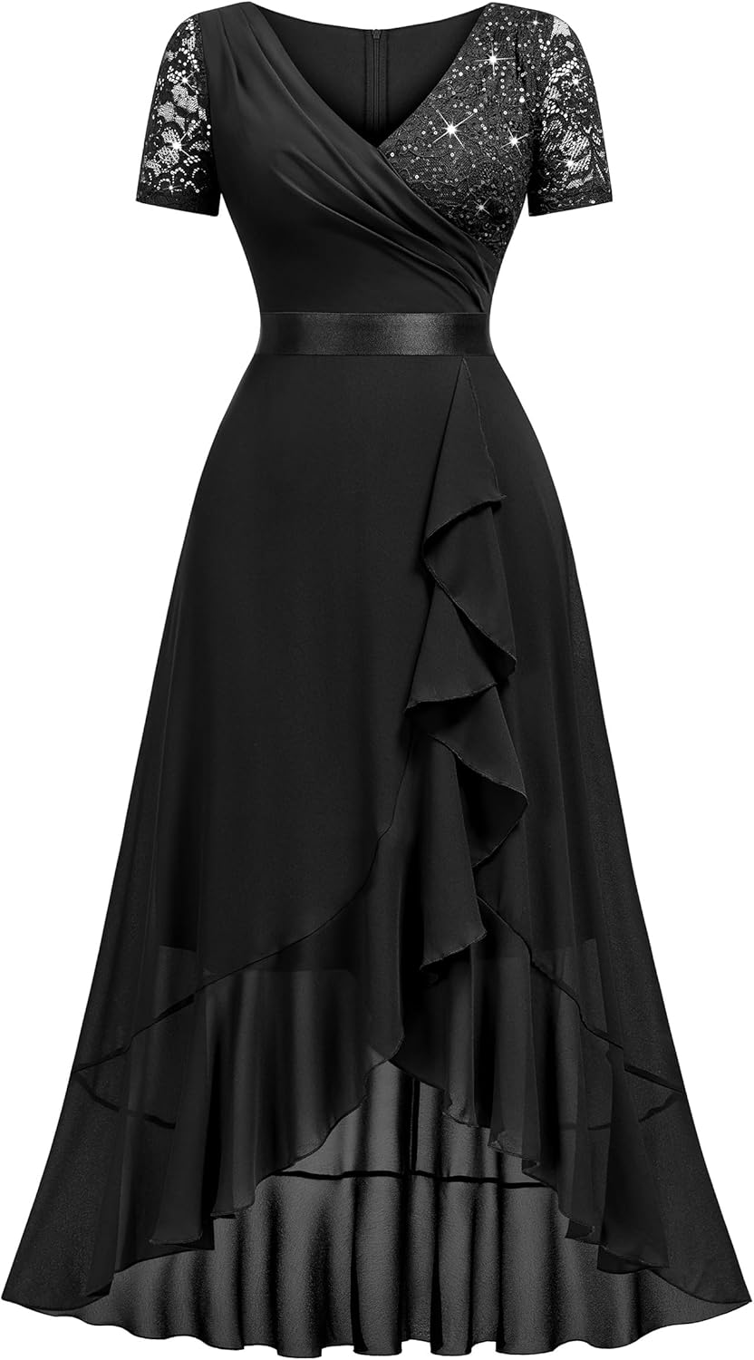 Miusol Women's Elegant V Neck Contrast Sequin Lace Chiffon Ruffle Split Evening Party Dress - Image 4