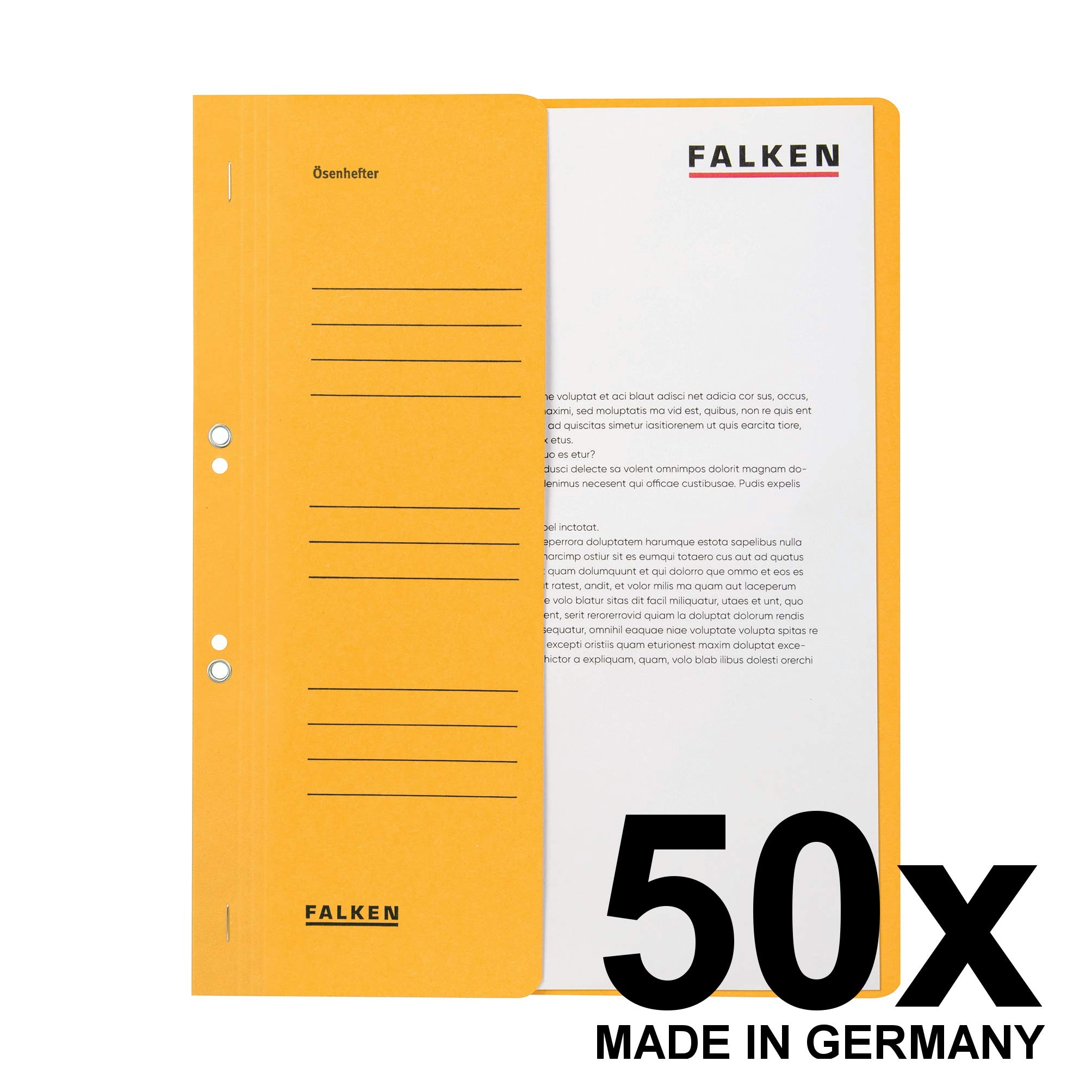 FALKEN 50x Ösenhefter aus Recycling-Karton für DIN A4 gelb | Made in Germany mit halbem Vorderdeckel und Behördenheftung Hefter Sammelmappe Dokumentenmappe