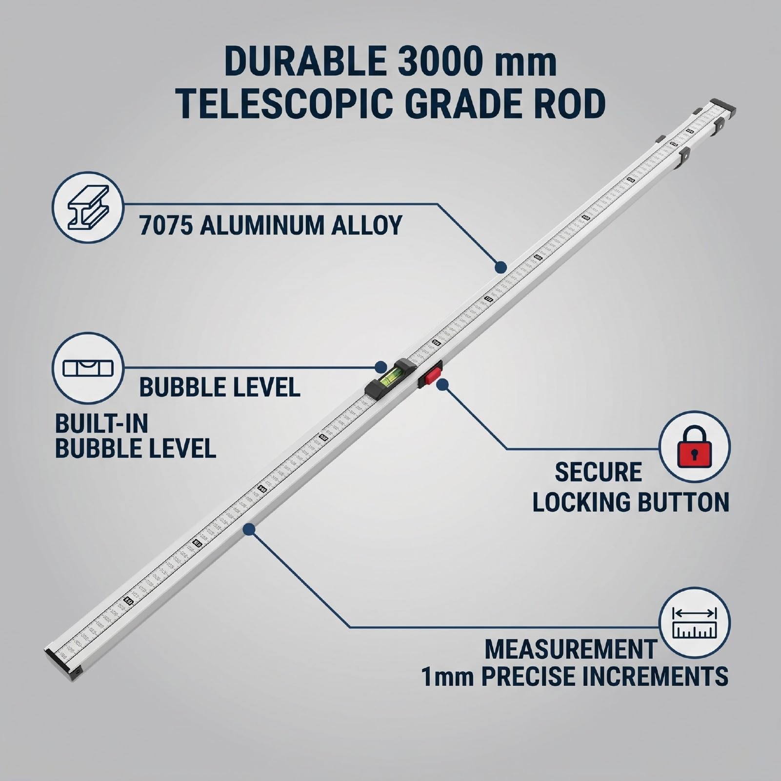 Pręt Teleskopowy, Zakres Pomiarowy 1180-3000 Mm | Podwójna skala o wysokości 9,84 stopy, 3-sekcyjny pręt poziomujący, poziomica, przycisk blokady, do pomiarów w domu podczas