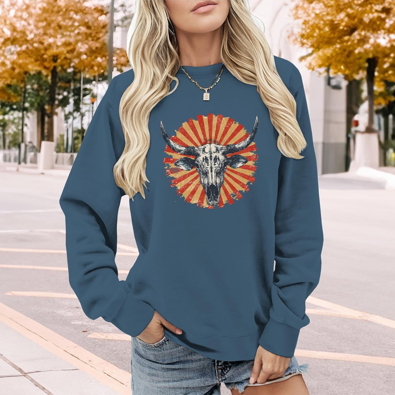 Fashion Womens Pattern Printed Gray Blue Round Neck Long Sleeve Cotton Blend Casual Loose Pullover Sweatshirt - Image 2