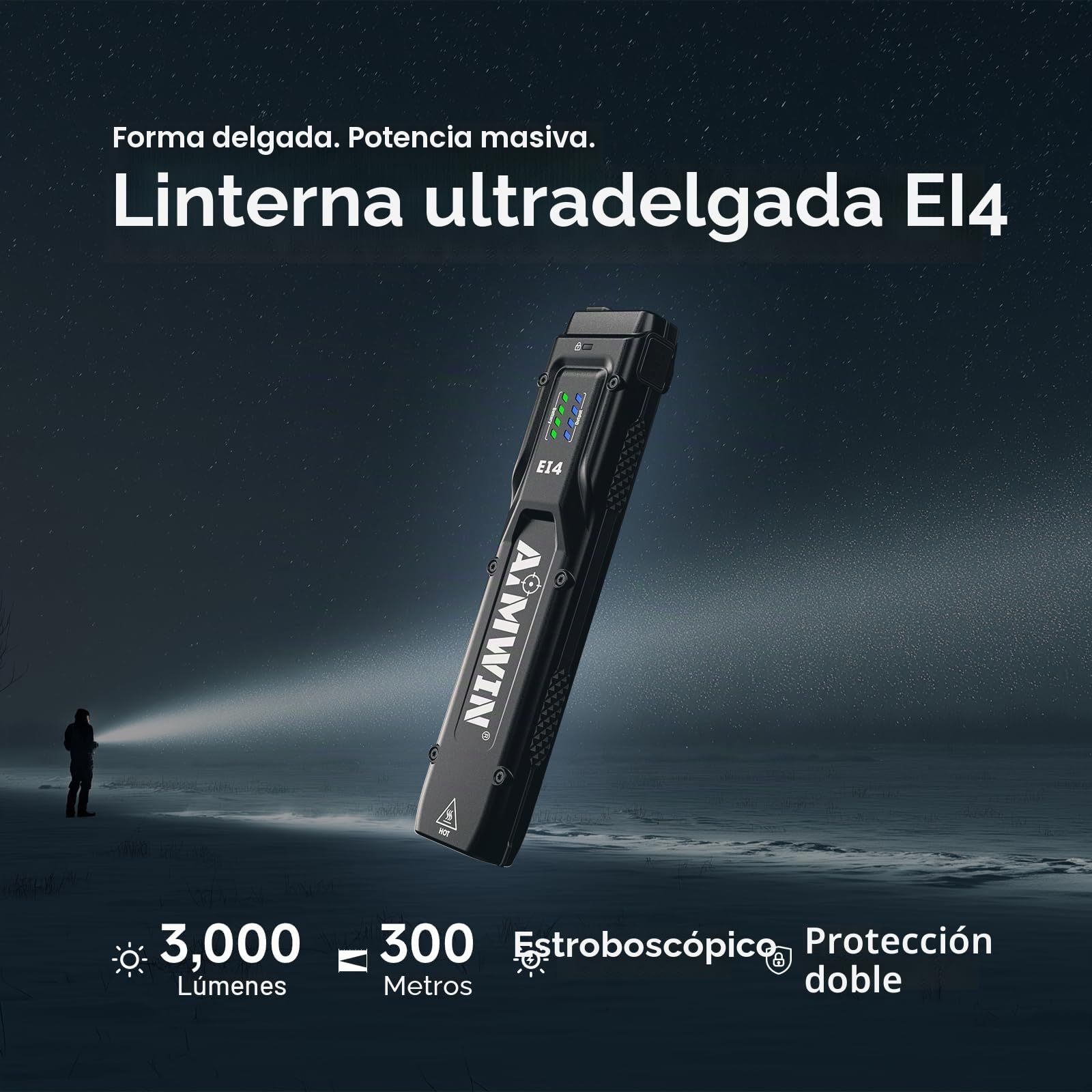 AIMWIN EI4 Linterna EDC LED Potente 3000 Lúmenes Linterna Recargable USB C Alcance 300m Linterna Táctica Plana para Camping Seguridad Doble Interruptor Trasero Modo Turbo Estroboscópico