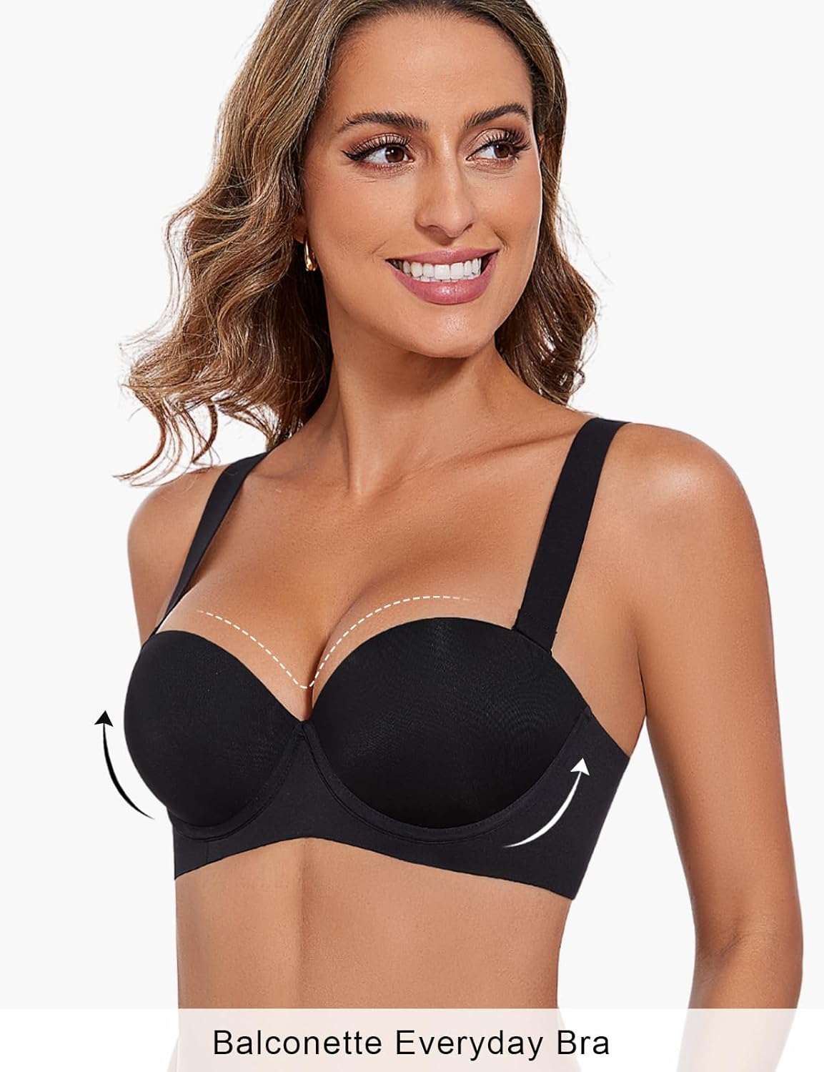 Push Up Bras for Women Support Padded Balconette Add 1 Cup Size Wide Band Underwire Back Smoothing T-Shirt Bra - Image 2