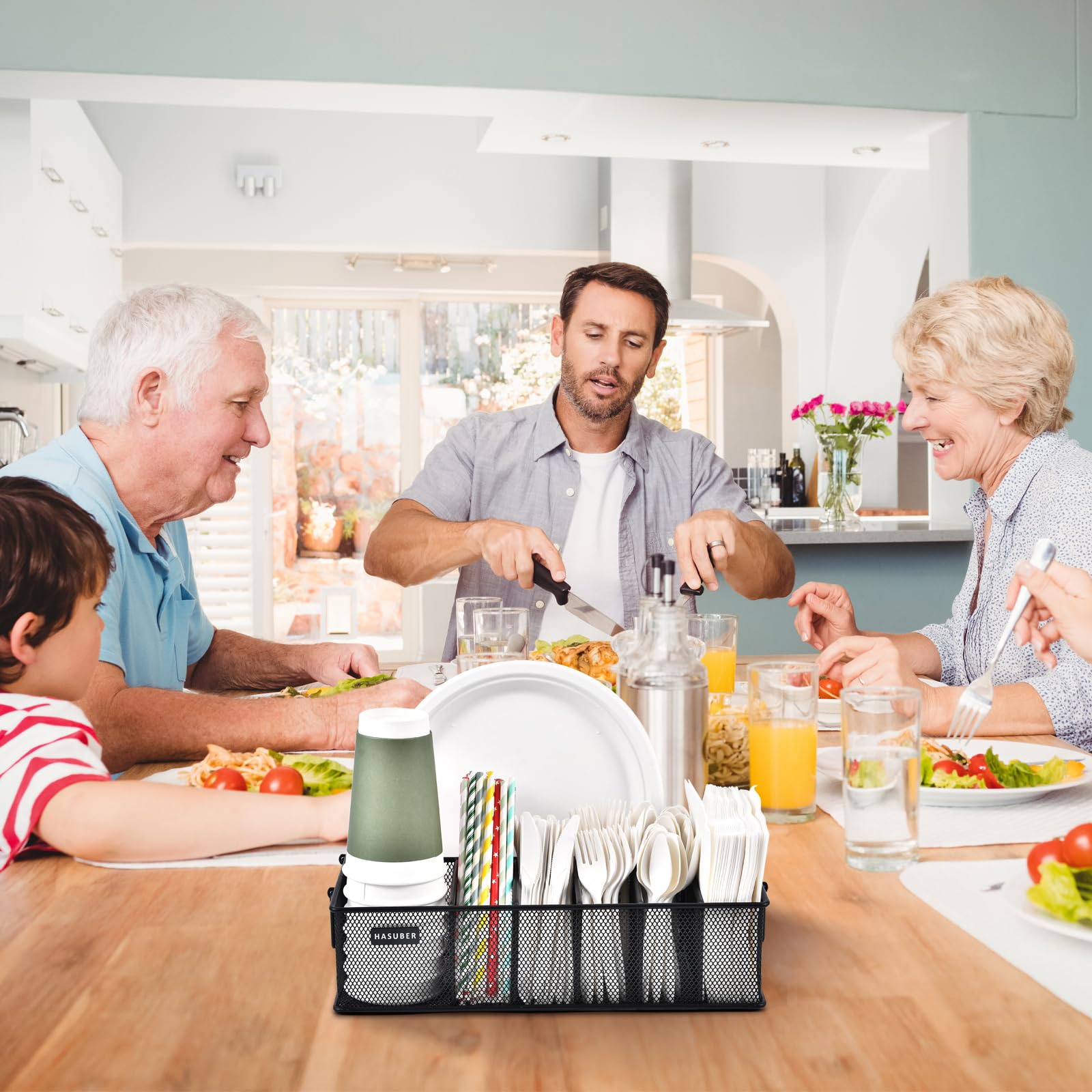 Organizador de cubiertos con asa, organizador de utensilios de metal para encimera de cocina, 7 compartimentos para plato, taza, servilleta, dispensador de platos de papel para fiesta, picnic 8