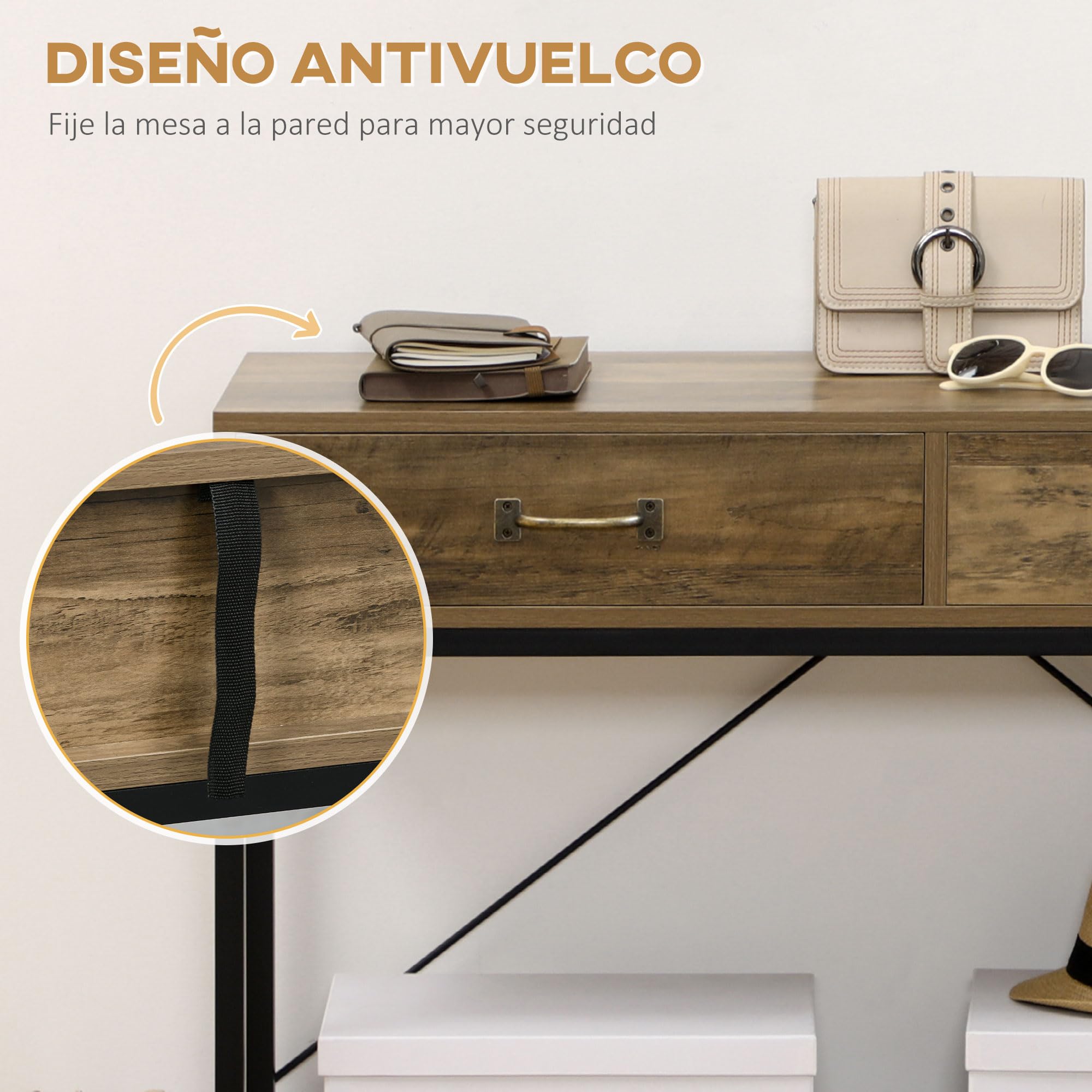 HOMCOM Mesa de Consola Industrial con 2 Cajones y Estante, Marrón y Negro | Mesa de Sofá, Consola Recibidor, Patas de Metal, para Salón, Pasillo, Entrada