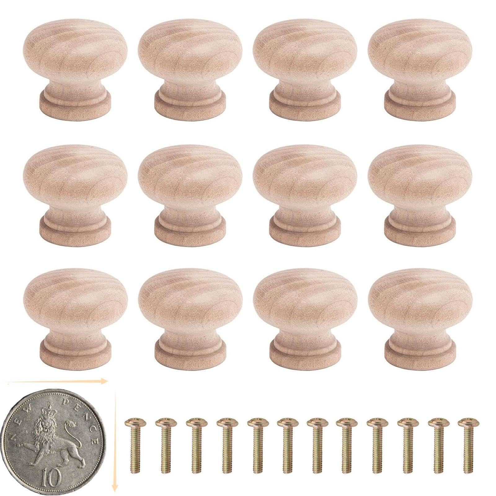 HARY 12PCS Wooden Cabinet Drawer Knobs, 24 * 22mm Cabinet Door Handles with Screws, Mini Pine Door Knobs for Cupboards Cupboards Drawers Wardrobe (Note: The Size is A 10p Coin Size)