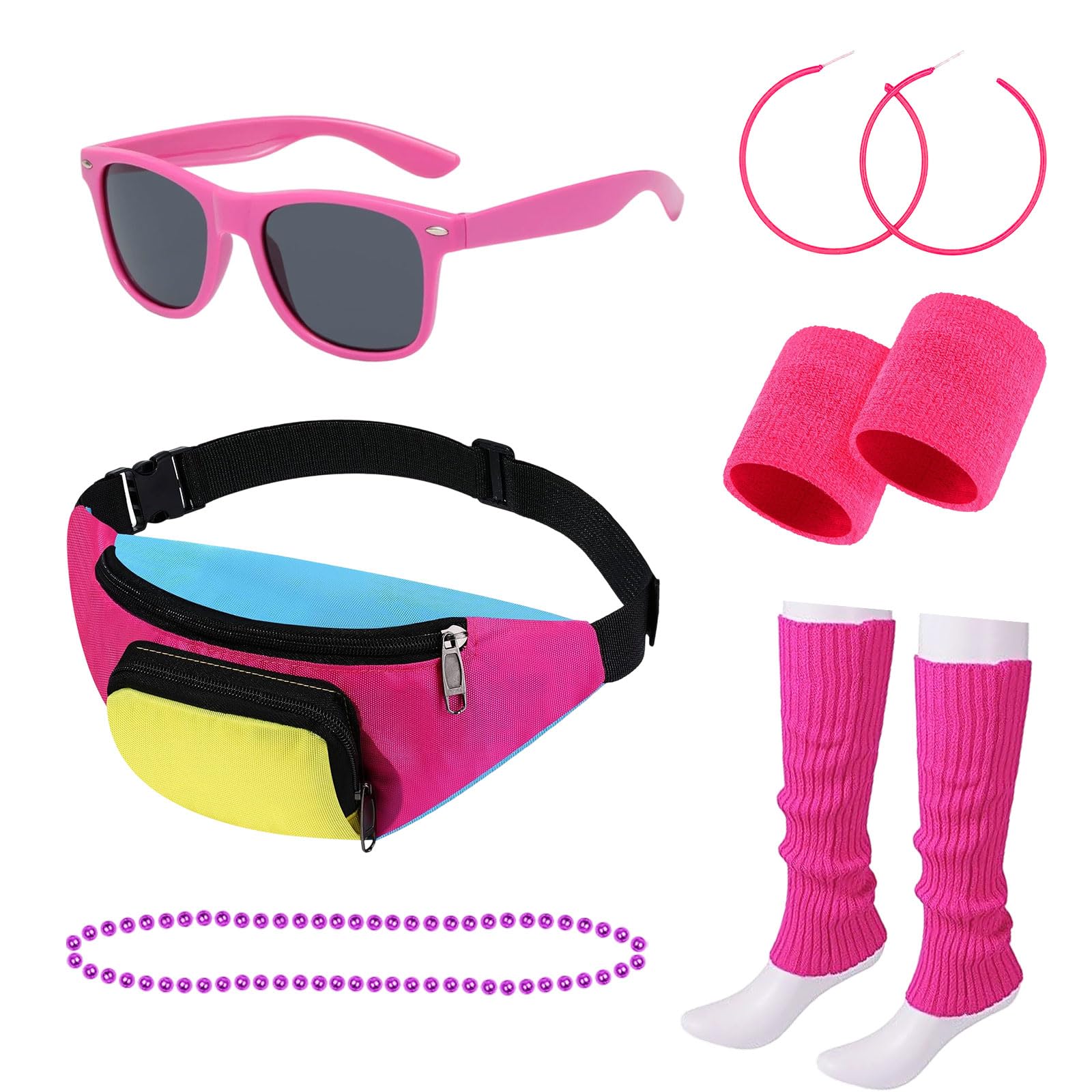 TGKEAIY 80s Fancy Dress Costumes Accessories for Women, 1980s Retro Sport Accessories Sets with Bumbag Wristbands Leg Warmers Eyeglasses Earrings Necklace, Fancy Party Costume for Retro Party