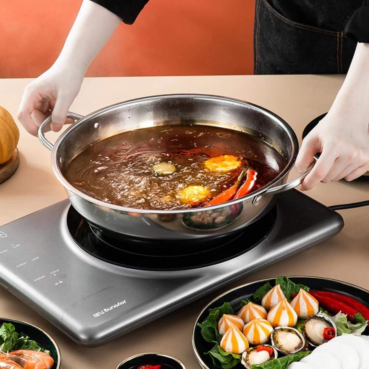 Sartén de Cocina de Acero Inoxidable, Paella Con Asas, Grande de 32cm, Olla Caliente, Utensilios de Cocina, Compatible Con Inducción