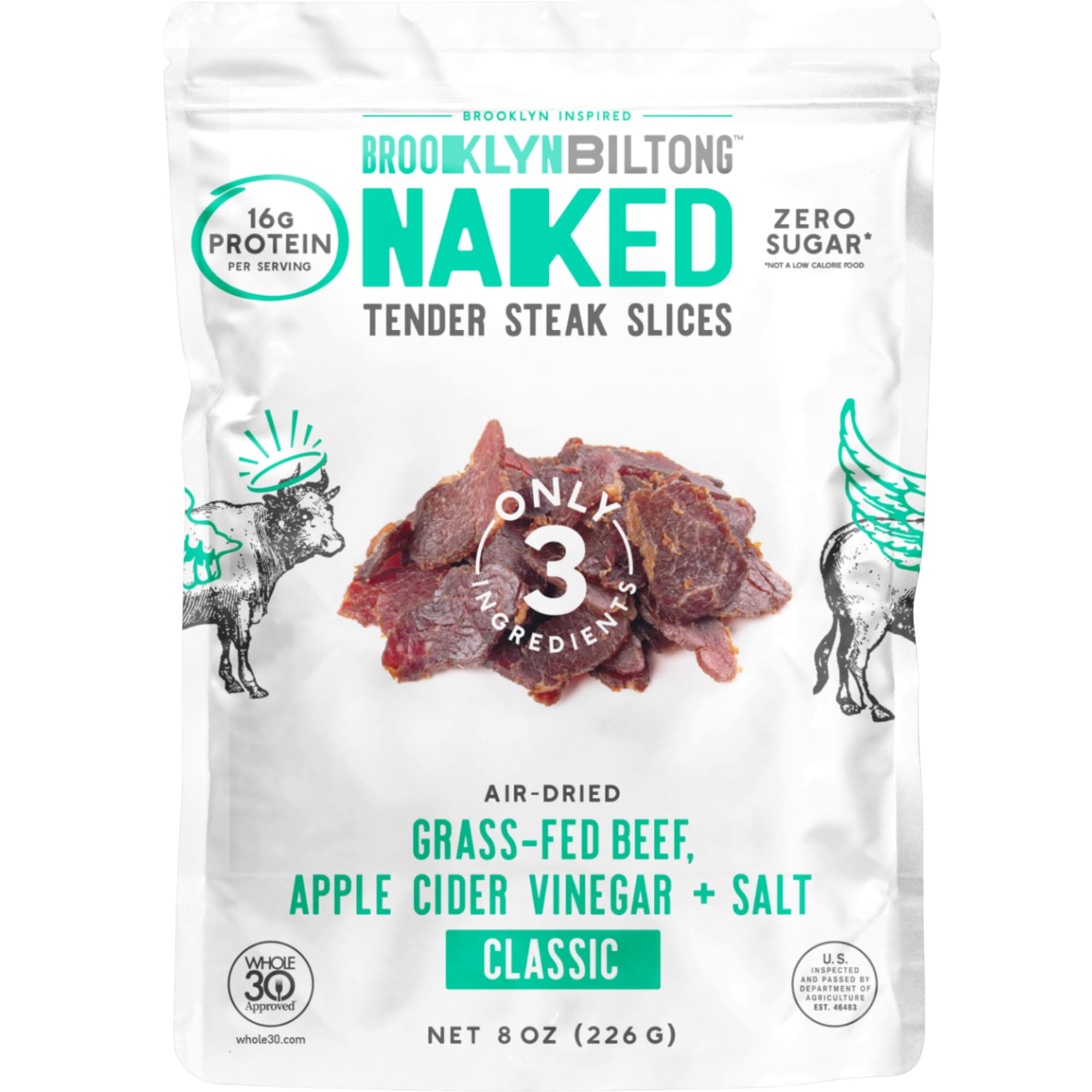 Brooklyn Biltong Air Dried Grass Fed Beef Snack, South African Beef Jerky (8 oz, Pack of 1) - Whole30 Approved, Paleo, Keto, Gluten Free, Sugar Free, Made in USA - (Naked)