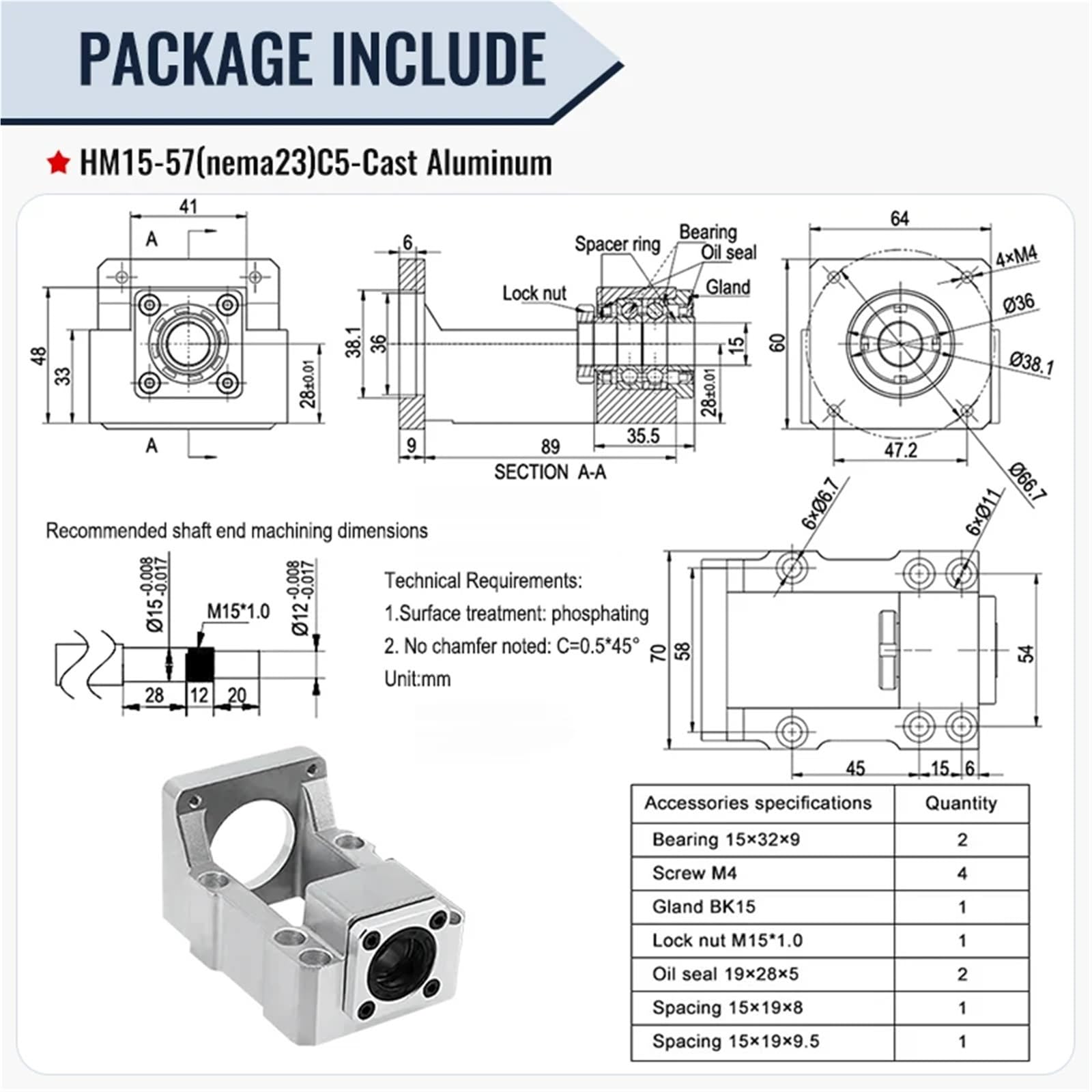 Support d'extrémité roulement à vis billes HM15-57/60/80/86 Nema 23 24 32 34 C5 pour CNC