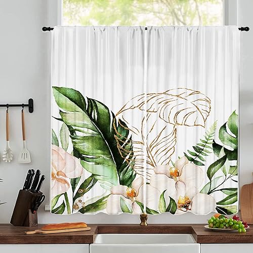 Cortinas de cocina de hojas verdes de 27.5 pulgadas de ancho x 39 pulgadas de alto, cortinas pequeñas con bolsillo para cortinero, cortinas pequeñas