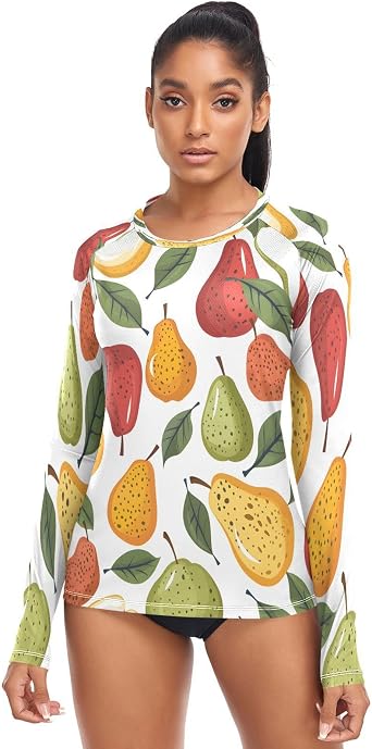Rash Guard for Women UPF 50+ SPF UV Protection Long Sleeve Workout Tops Colorful Tropical Fruit Nashi Pear