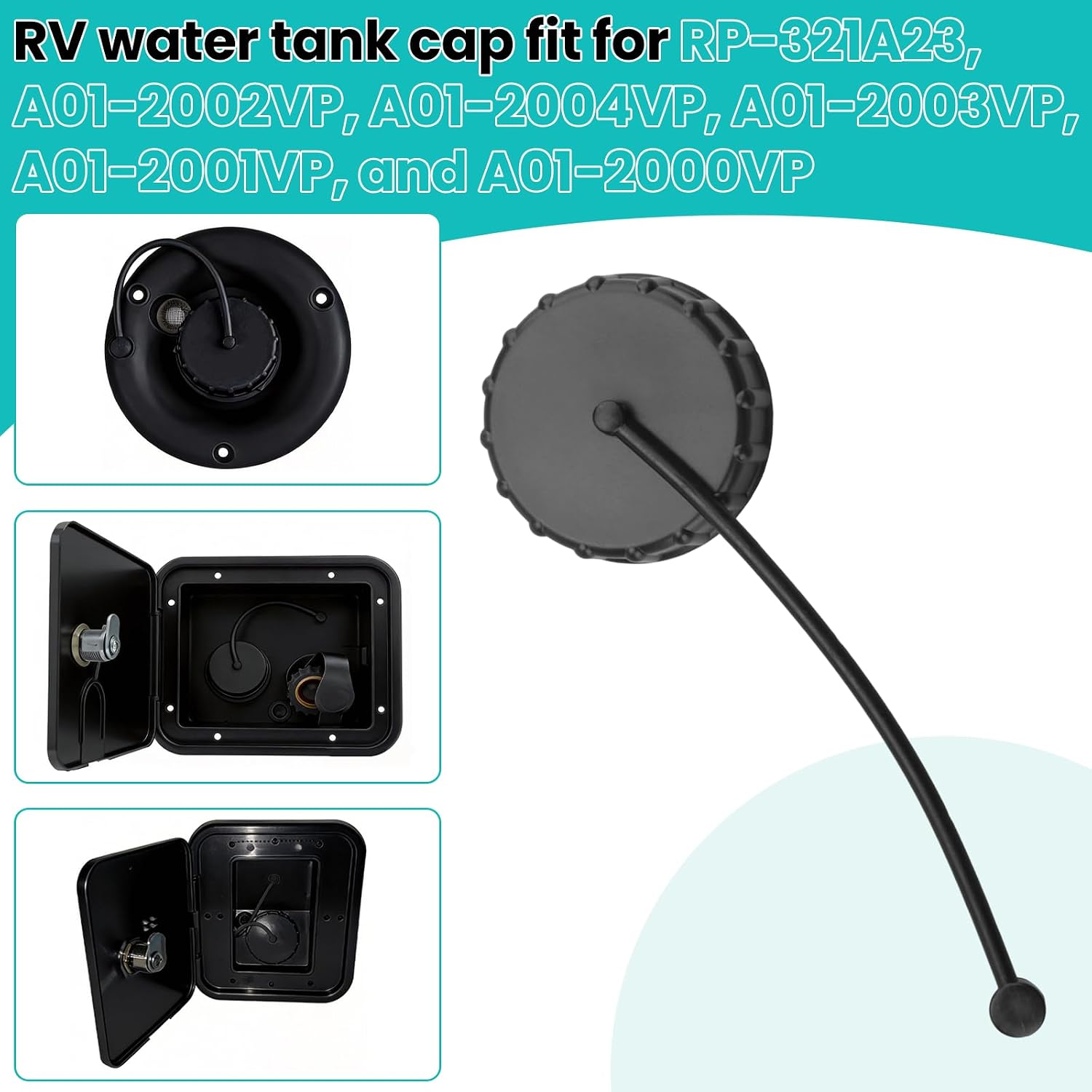222PW-A RV Fresh Water Fills Cap for RecPro RV Water Tank,Compatible with A01-2000VP 2001VP 2002VP 2003VP 2004VP Gravity Fill Hatch (1 Pack Black Cap and Strap)