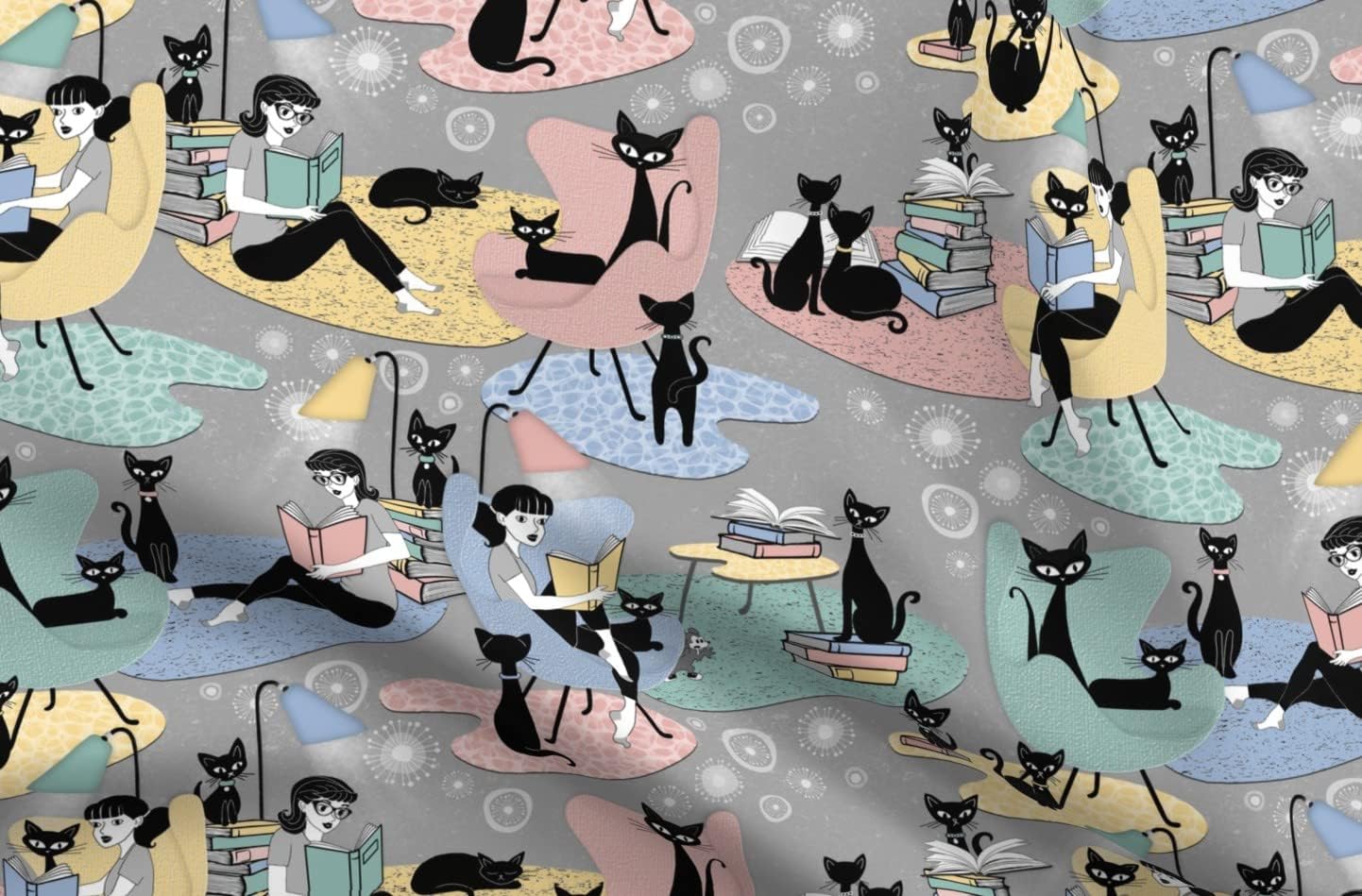 Spoonflower Fabric - Time Retro Cats Reading Books Hygge Printed on Organic Cotton Sateen Fabric by The Yard - Sewing Quilting Apparel Home Decor